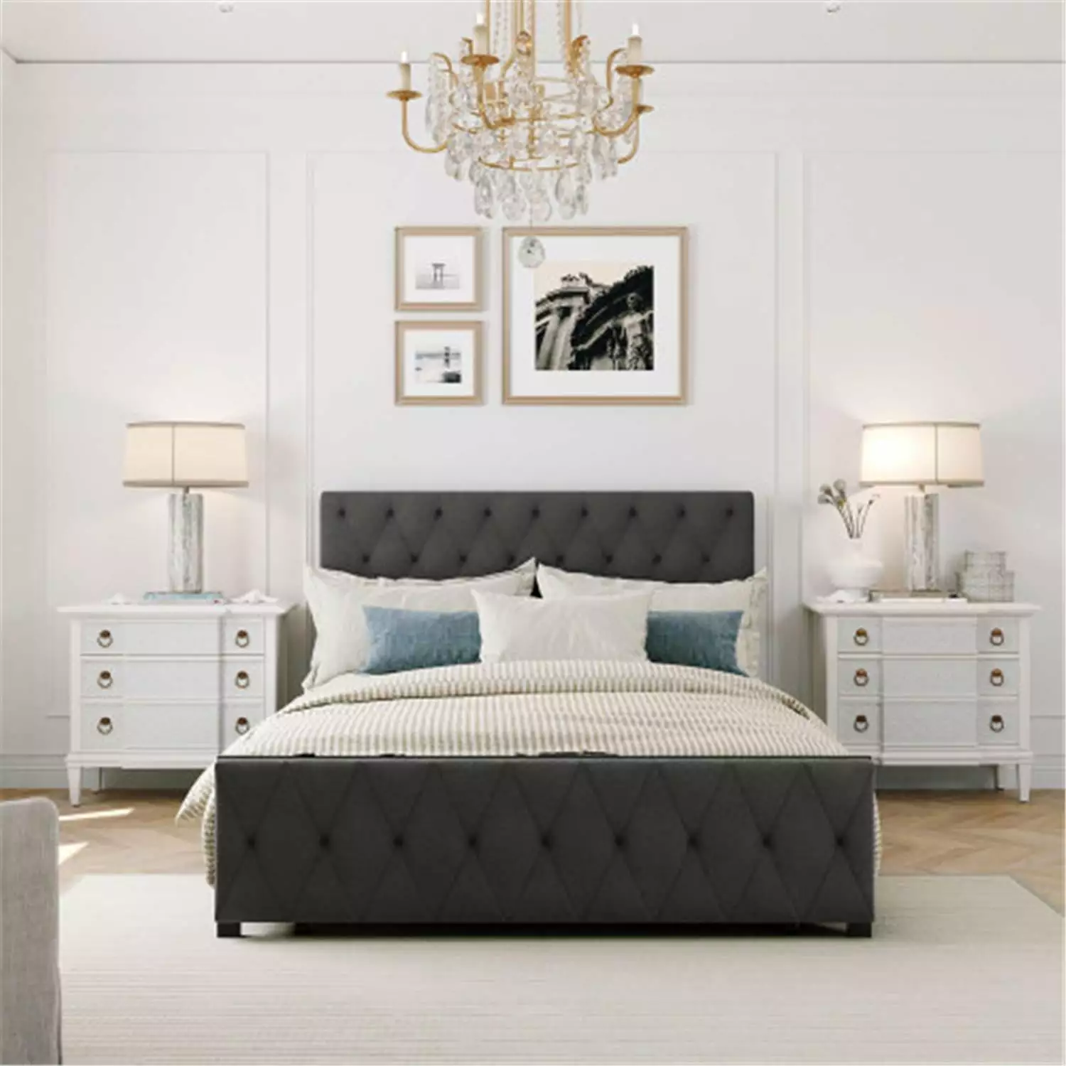 Full Size Metal Platform Bed Frame Upholstered Headboard and Storage Drawer Gray ARCTICSCORPION