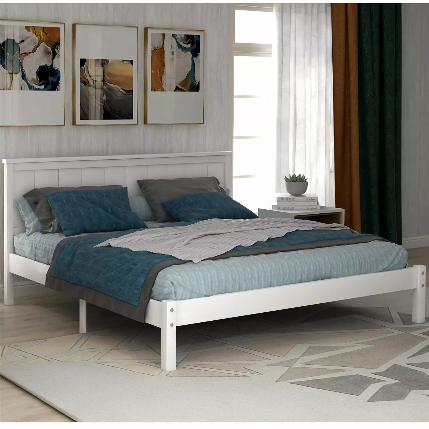 Full Size Platform Bed Headboard and Solid Wood Slat Support Kids Adults White ARCTICSCORPION