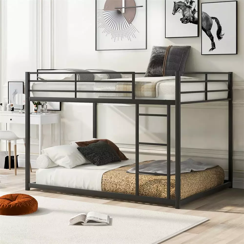 Low Bunk Bed Full over Full Metal Bunk Bed Frame Full-Length Guardrails and Side Ladder Heavy Duty Floor Bunk Bed Space-Sa...