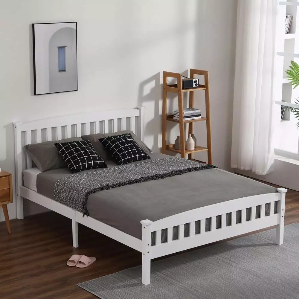 BaytoCare Vertical Wood Bed Frame Headboard No Box Spring Needed Pine Finish Full Size