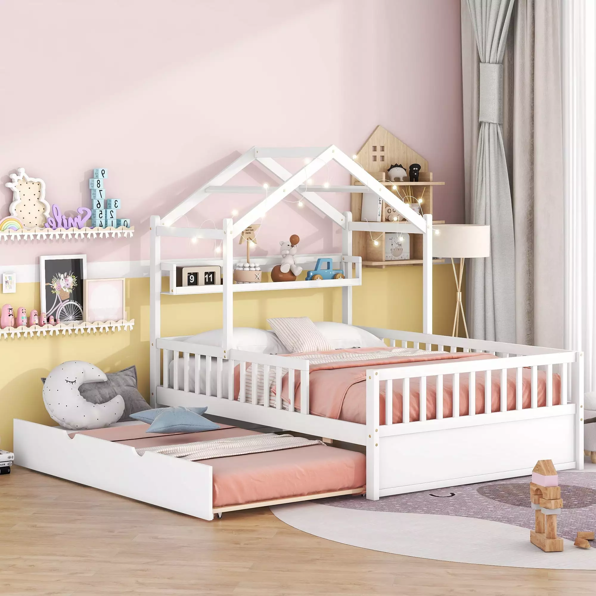 Full Size Platform Bed Trundle Fence Guardrails Storage Shelf Headboard White Bellemave