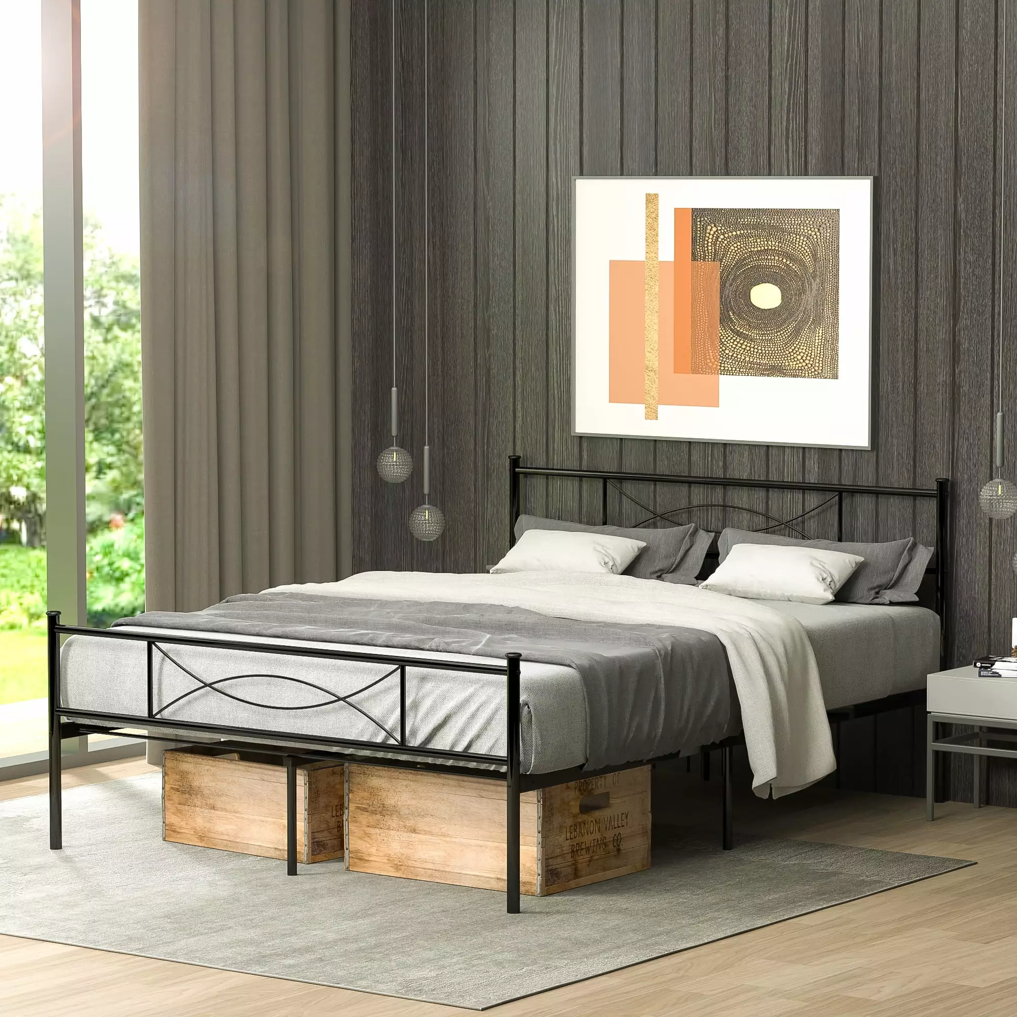 Yoneston Luxury Full Size Metal Platform Bed, Easy Set-Up, Black Cheerwing
