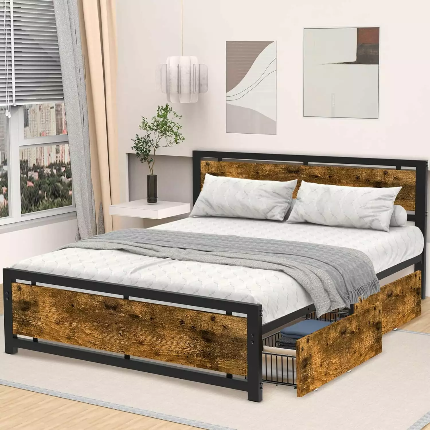 Codesfir Vintage Brown Full Bed Frame 4 Drawers and Headboard Heavy Duty Metal Platform