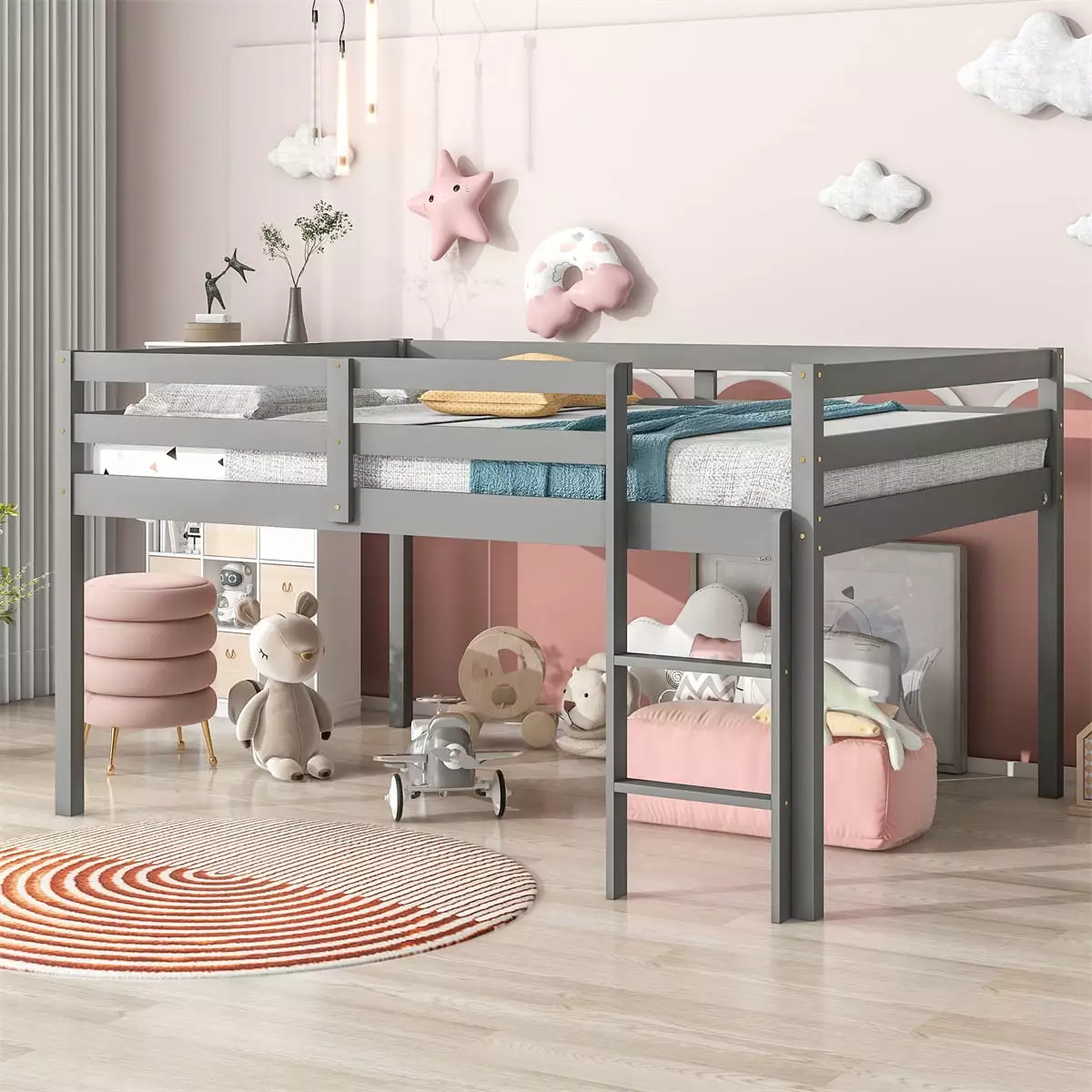 Full Size Loft Bed Ladders and Safety Guard Rails Boys Girls Junior Gray INCLAKE