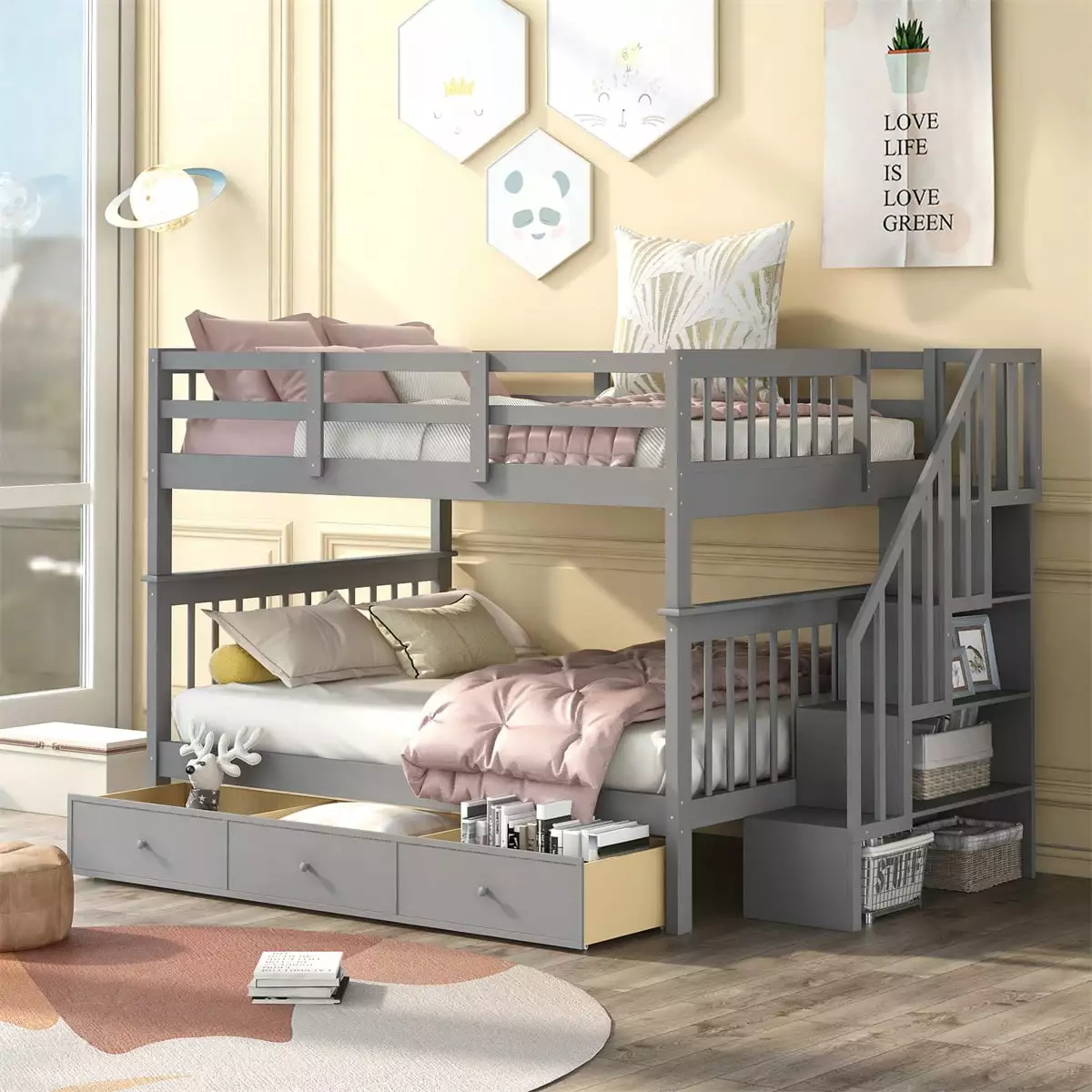 Space Saver Bunk Beds Full Over Full Stairway, Solid Wood Bunk Bed Frame Drawer and Guard Rail, Convertible to Two Singles...