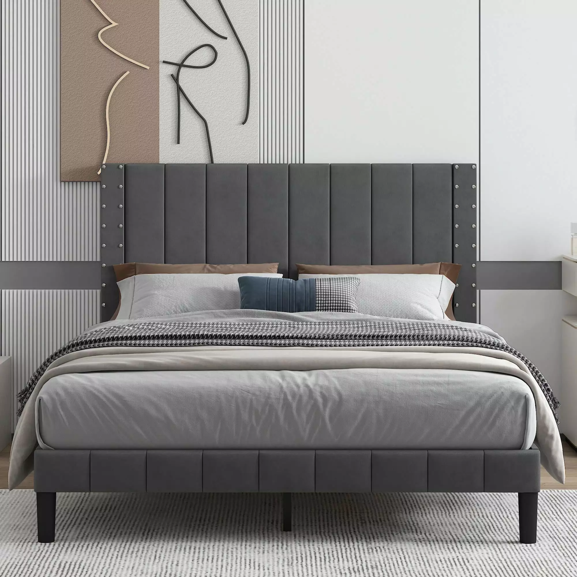 Full Size Bed Frame Faux Leather Upholstered Headboard, Platform Bed Kids Teens Adults, 550lbs Capacity, Easy Assembly, Bl...
