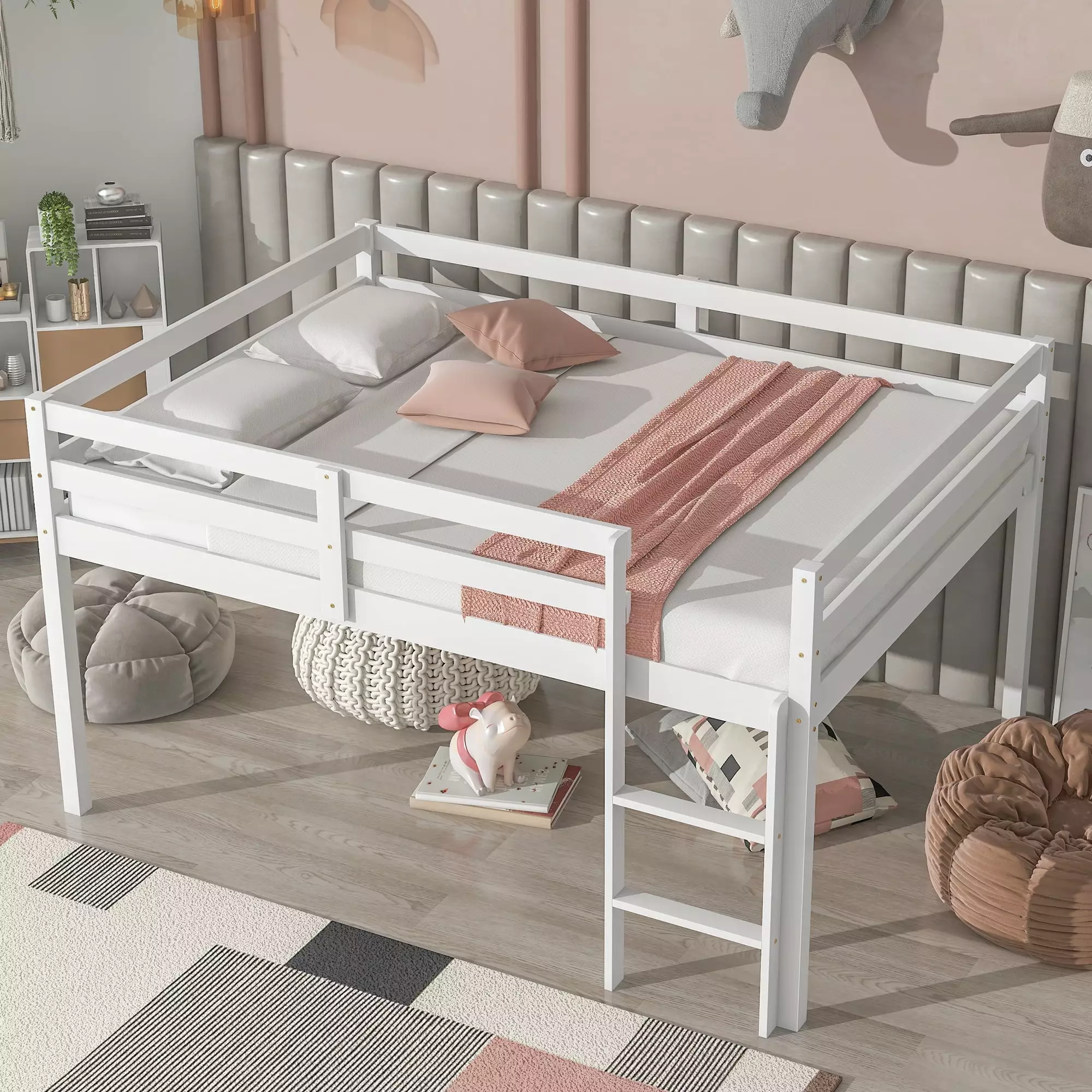 Miniyam Modern Full Size Loft Bed Ladder Minimalist Design White