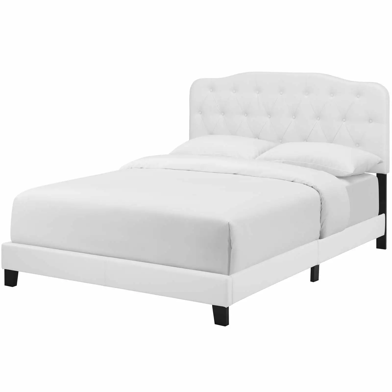 Modern Full Size Bed Frame Faux Vinyl Leather Upholstery White