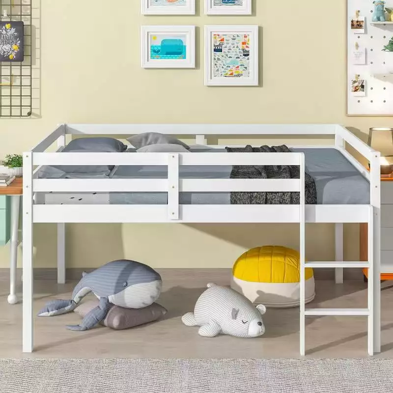 White Full Size Low Height Loft Bed Space Storage Full-Length Guardrail Kids Teens Adults Rhomtree