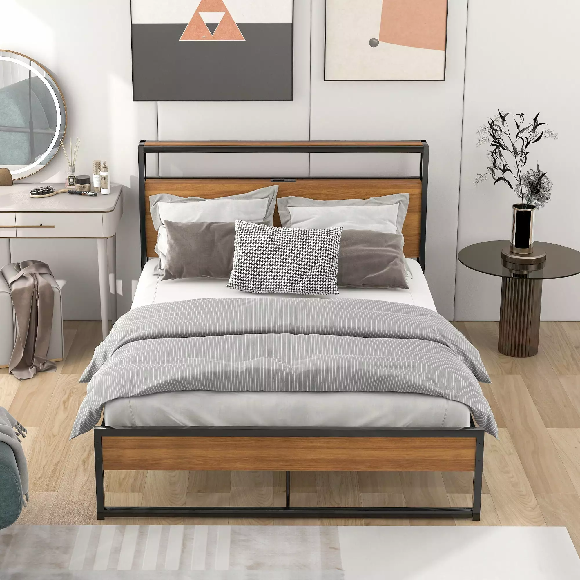 Full Platform Bed Frame USB Ports and Slats Headboard Kids Boys Girls Teens Adults Black Syngar