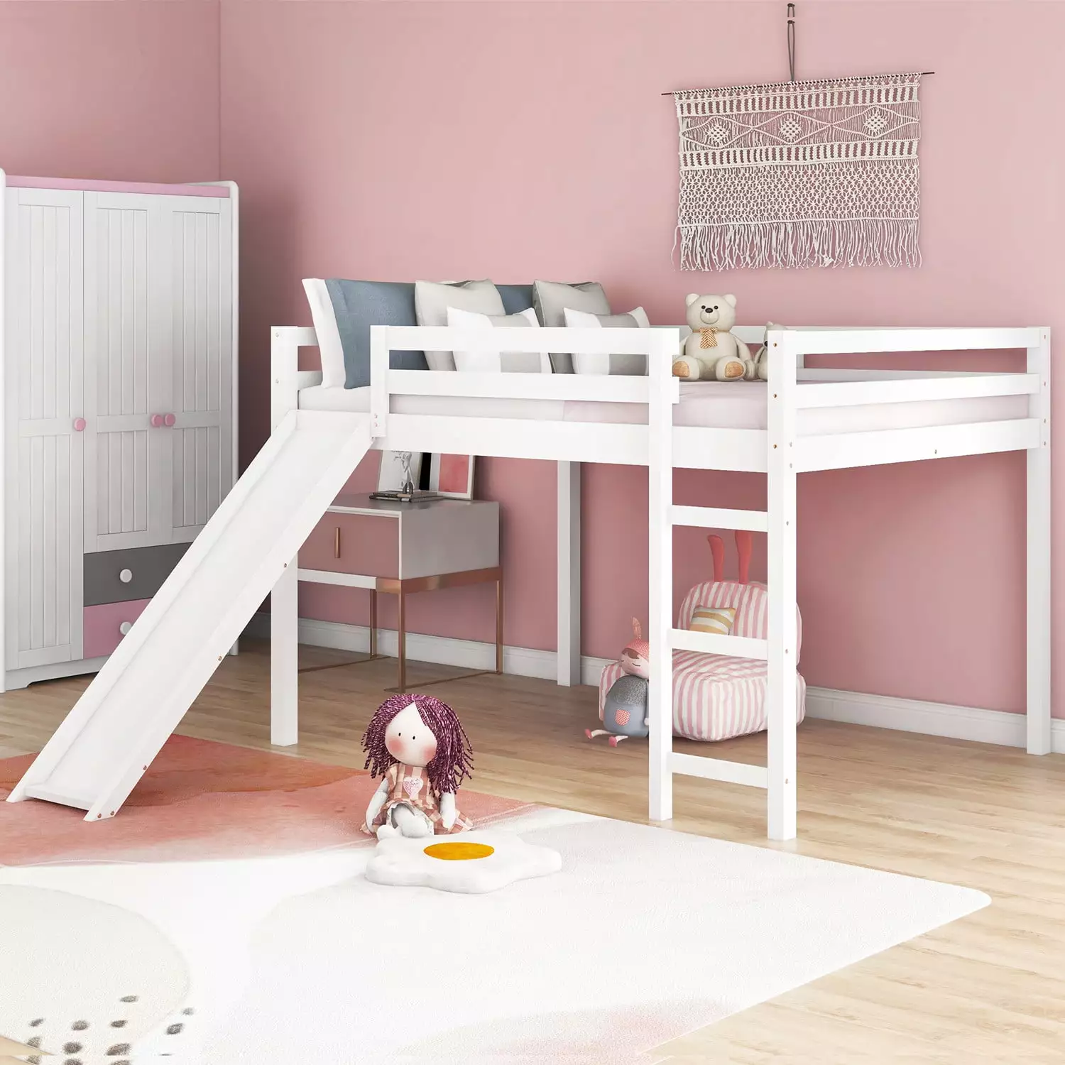 Full Loft Bed Slide and Ladder Kids Sturdy Wood Frame No Box Spring Needed Triple Tree