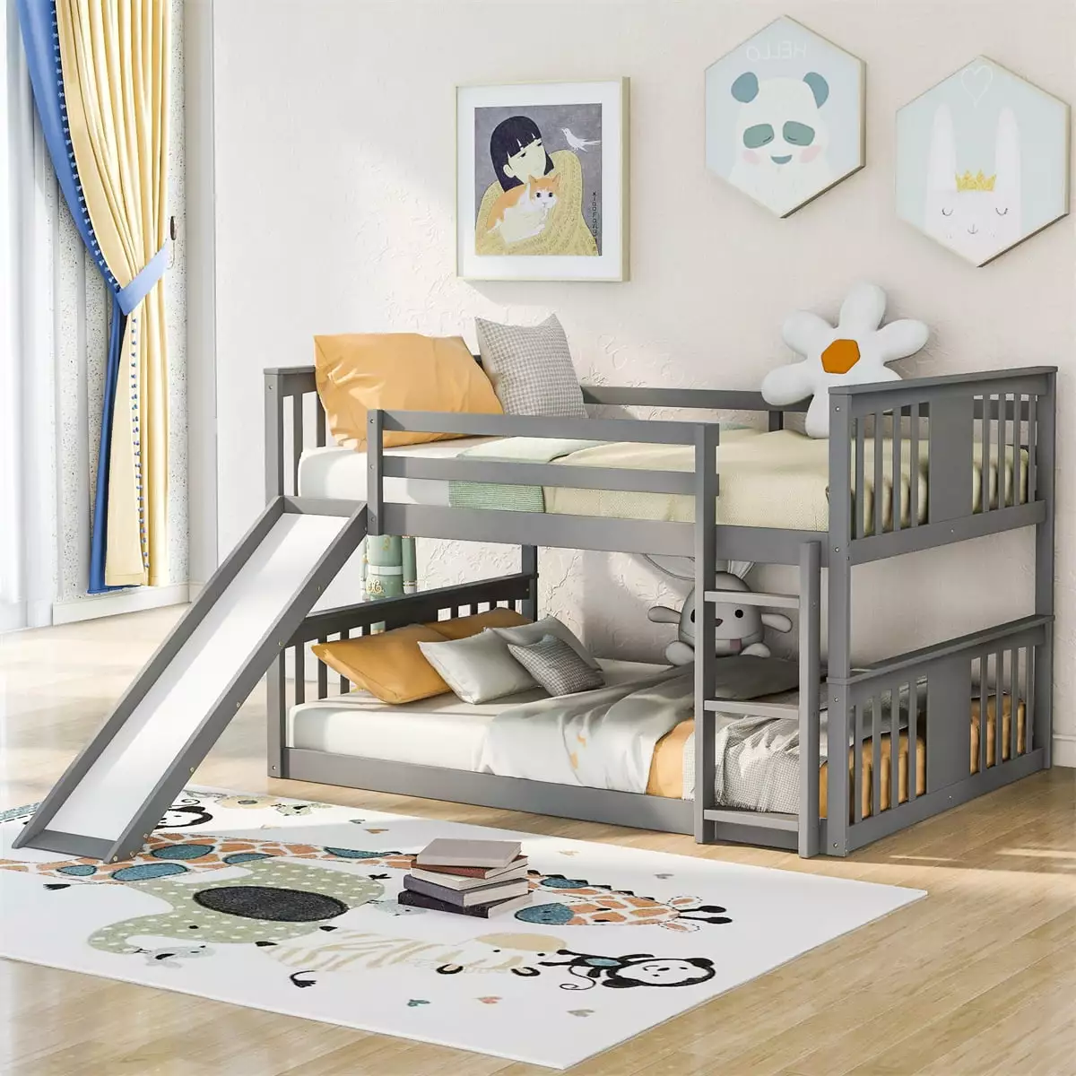 Full Over Full Bunk Bed Slide Kids Teens Solid Wood Frame Guardrails Triple Tree