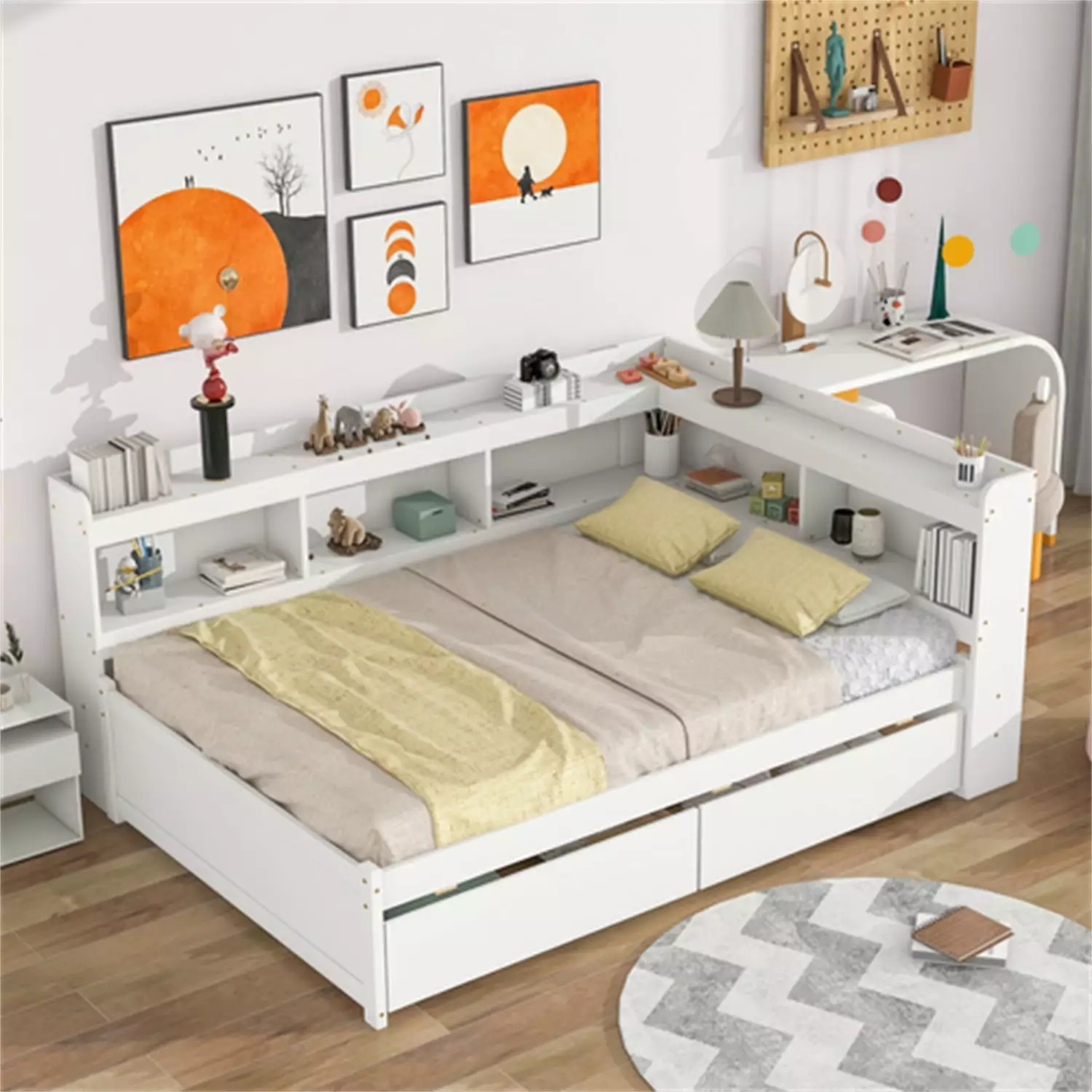 Full Size Platform Bed L-Shaped Bookcases and 2 Storage Drawers, Solid Wood Bed Frame Headboard, Floor Bed Kids, White Tri...