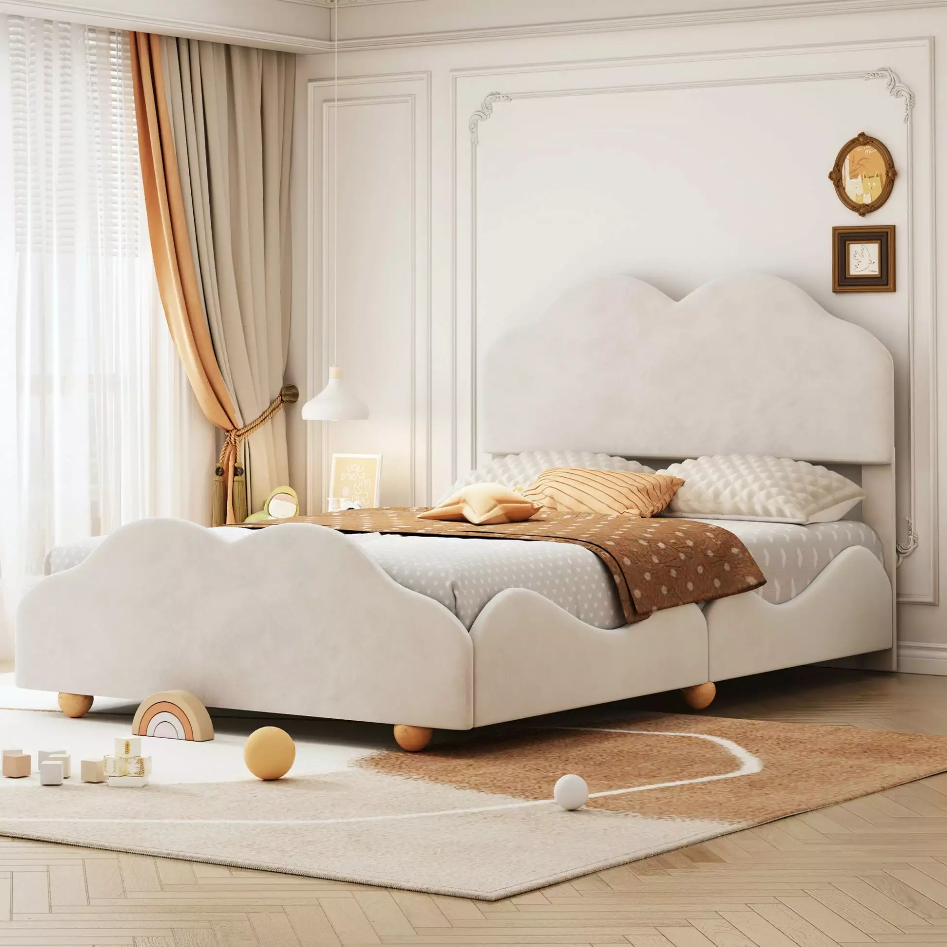 Full Size Upholstered Platform Bed Cloud Shaped Headboard Kids Teens Boys Girls Beige Triple Tree
