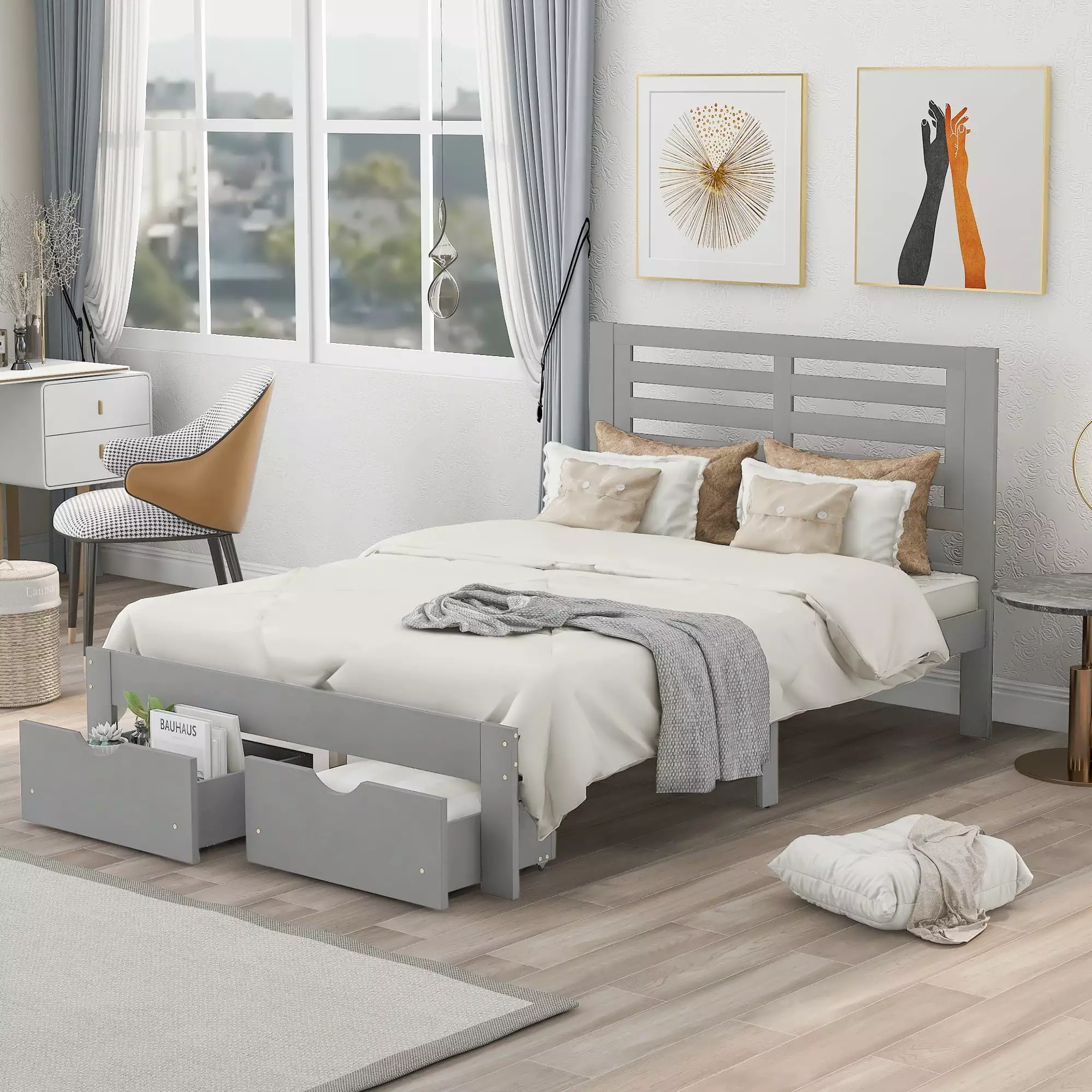 Veryke Wooden Full Size Platform Bed Drawer - Modern Bedroom Furniture Gray