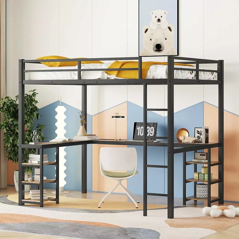 Bellemave Full XL Loft Bed Desk and Shelves Heavy Duty Steel Frame Black