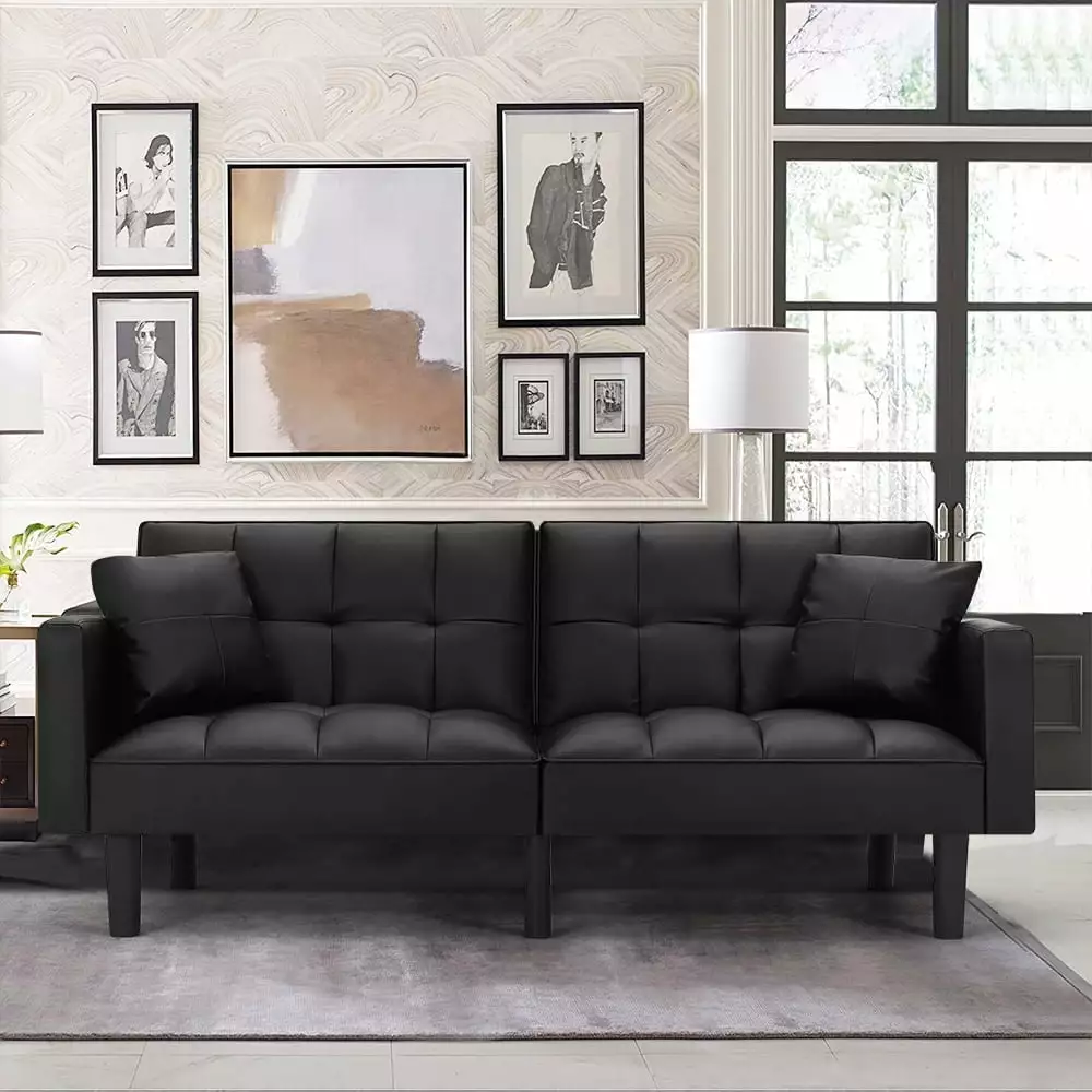 AVAWING 74 Modern Convertible Sofa Bed Faux Leather Futon Recliner Couch Pillows Black