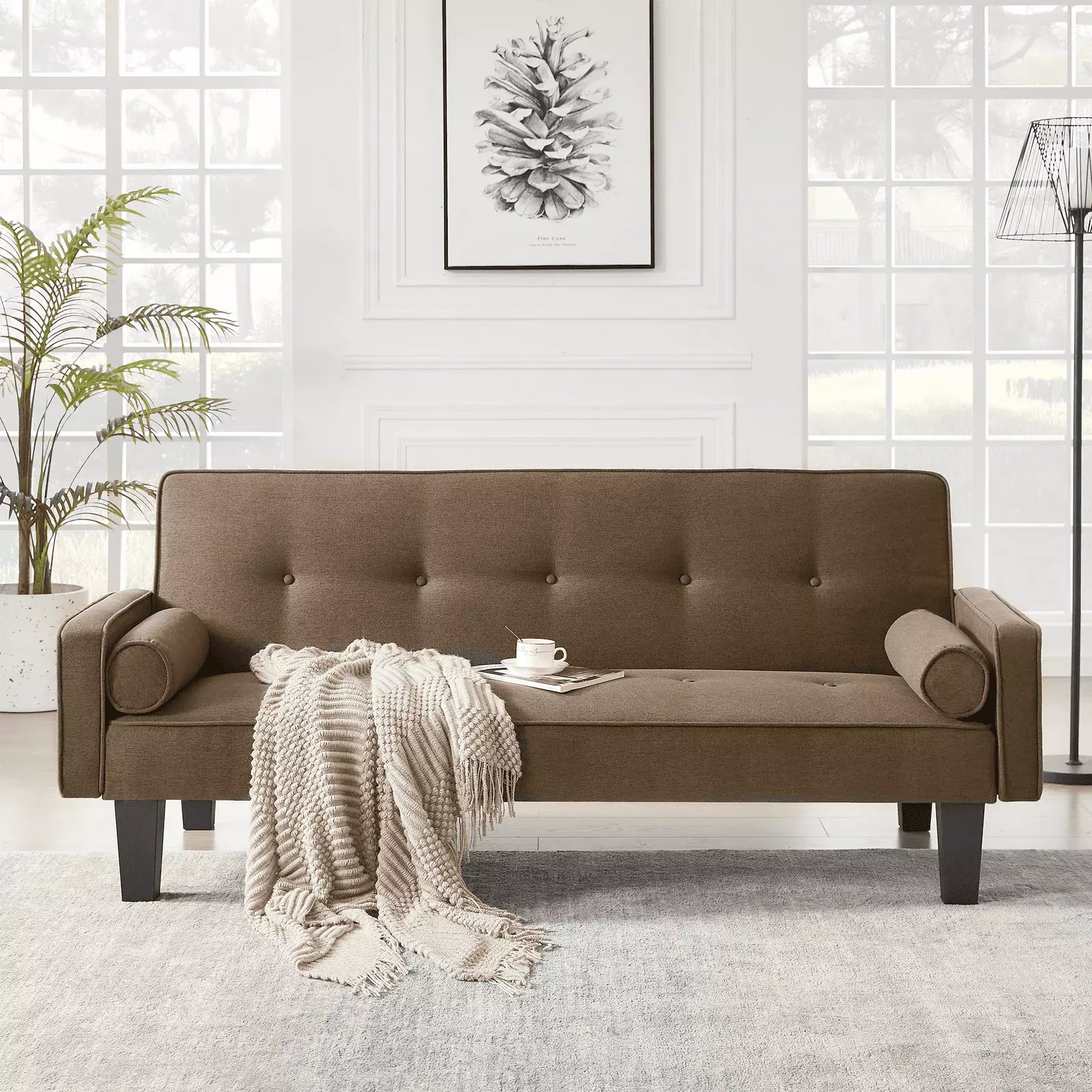 Brown Modern Linen Fabric Convertible Sofa Bed Adjustable Backrest 2 Pillows Small Apartment Bianlte