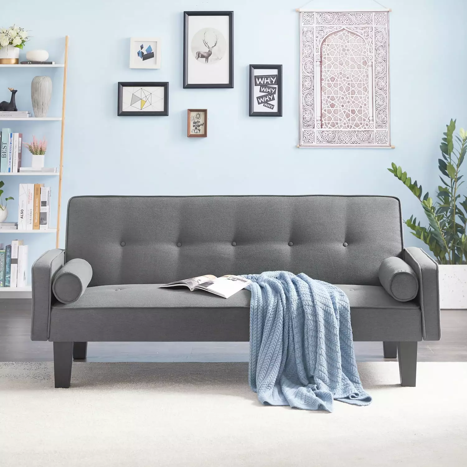 72 Futon Sofa Bed Upholstered Folding Futon Fabric Couch Recliner Twin Size Removable Armrests Space Saving Gray Bianlte