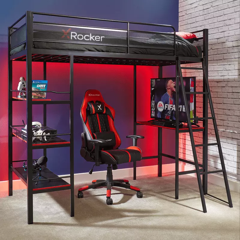 X Rocker Fortress Gaming Bunk Desk and Shelving Built- Black Twin