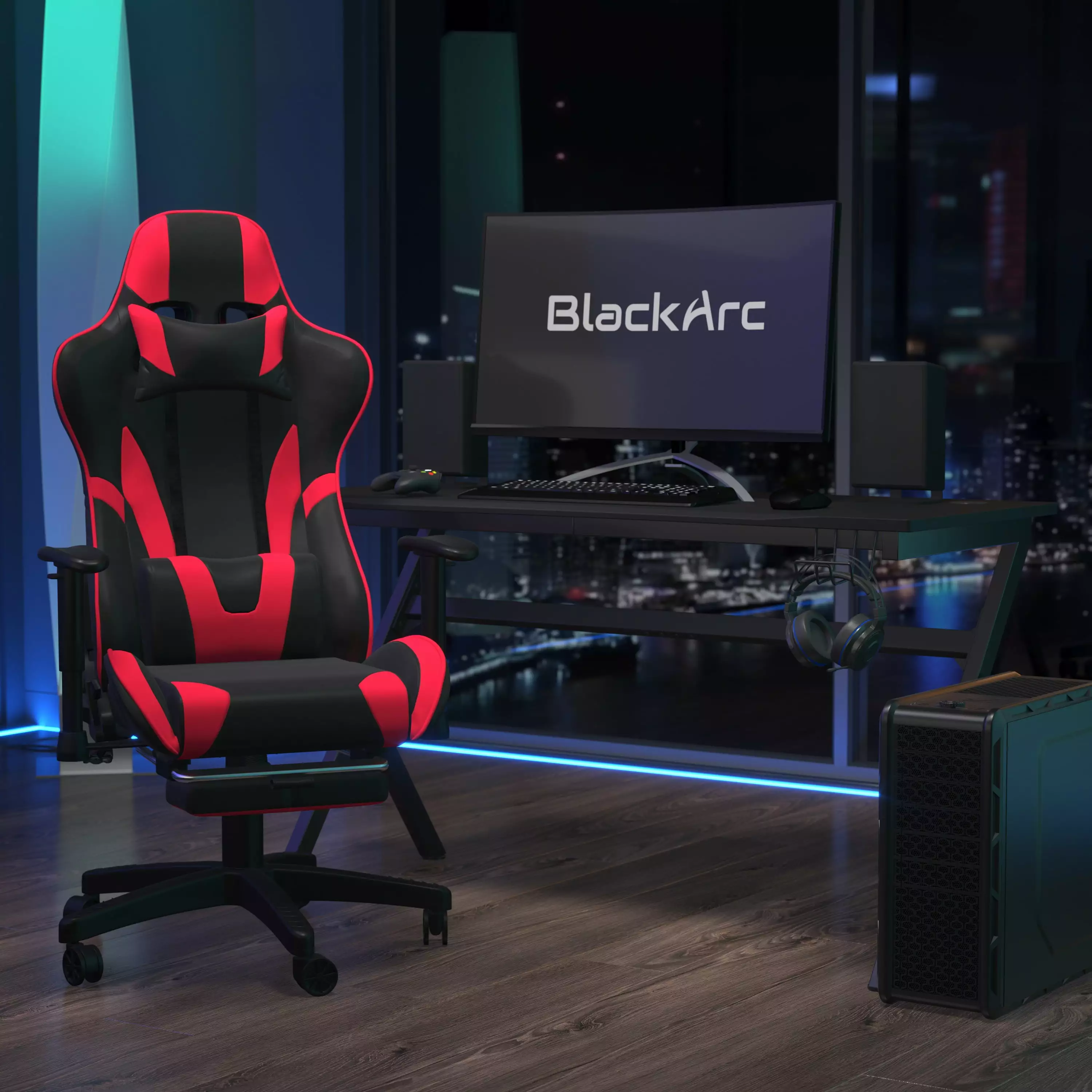 BlackArc Charlie Gaming Desk and Ergonomic Faux Leather Gaming Chair Set Footrest Detachable Pillow