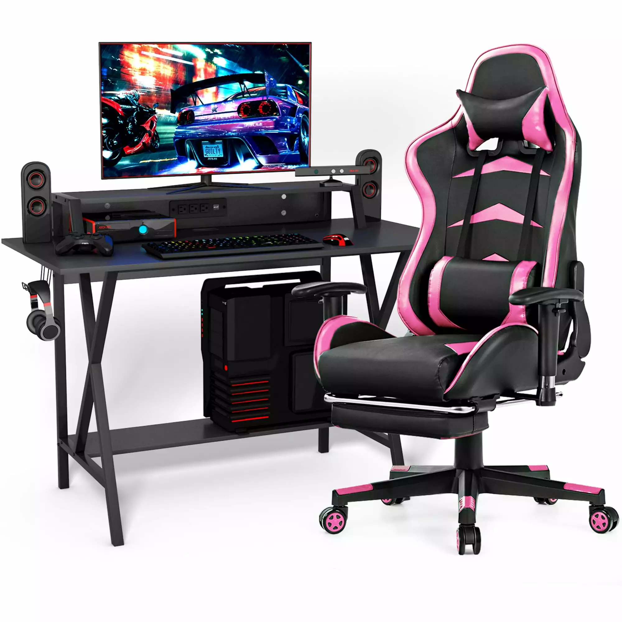 Gymax Gaming Desk and Massage Gaming Chair Set Footrest Monitor Shelf Power Strip Pink