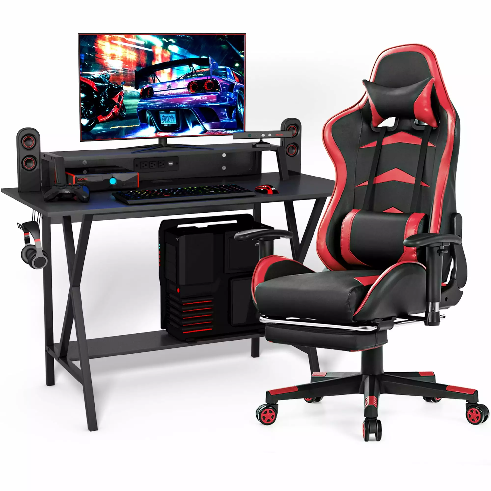Gymax Gaming Desk and Massage Gaming Chair Set Footrest Monitor Shelf Power Strip Red