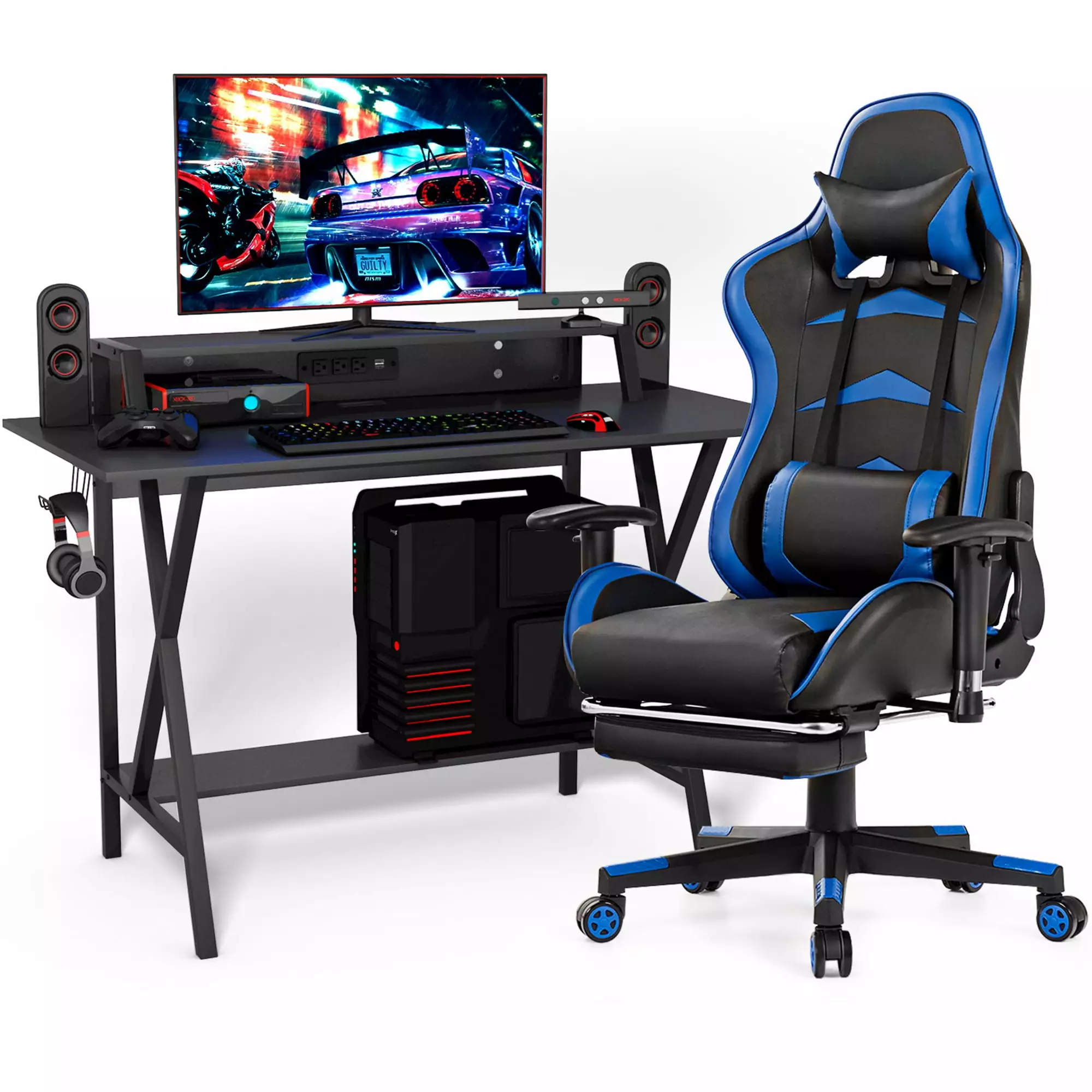 Gymax Gaming Desk and Massage Gaming Chair Set Footrest Monitor Shelf Power Strip Blue