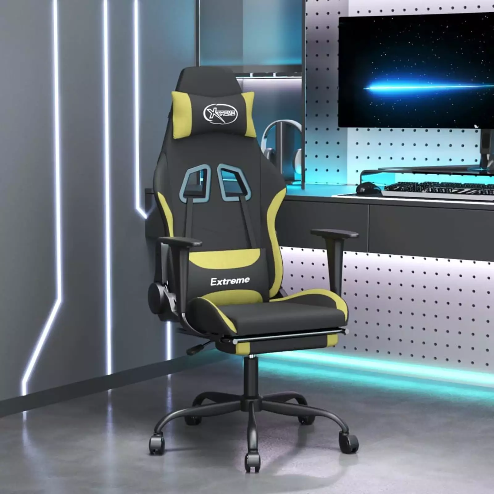 Aibecy Massage Gaming Chair Footrest Black and Green Fabric Ergonomic Computer Chair
