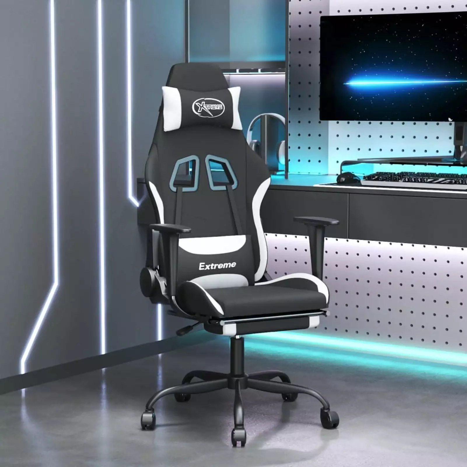 Aibecy Massage Gaming Chair Footrest Black and White Fabric Ergonomic Computer Chair