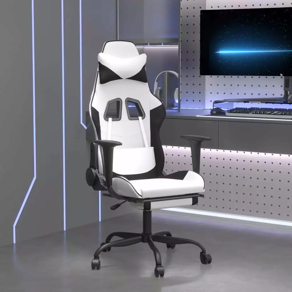 Anself Massage Gaming Chair Footrest White Black Faux Leather