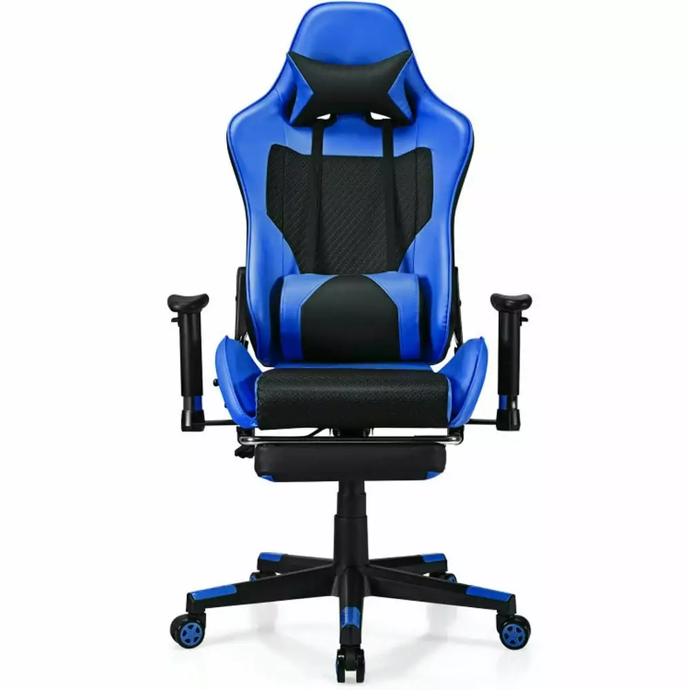 Barara King Gaming Chair PU Leather USB Massage Lumbar Pillow and Footrest Blue