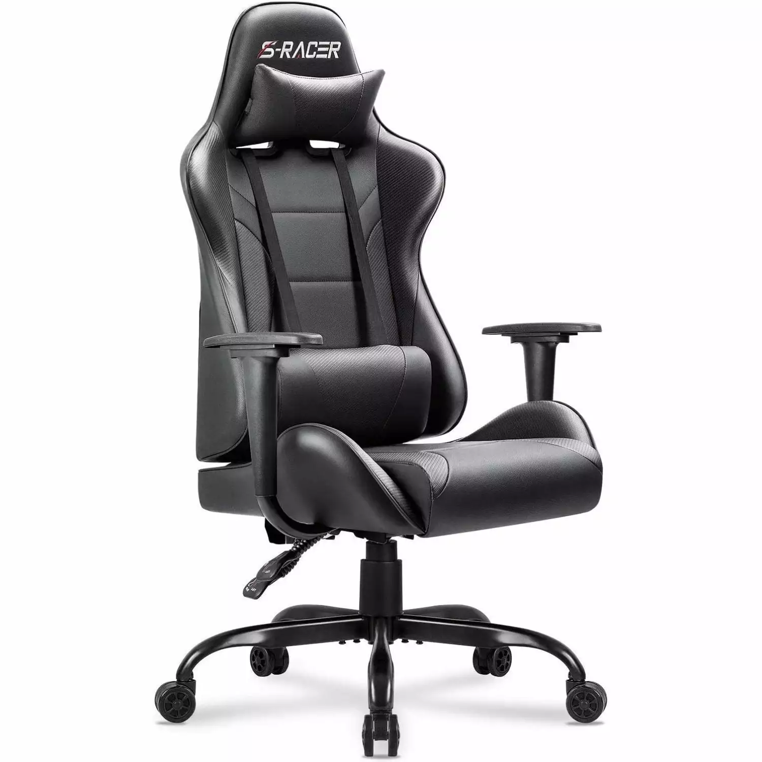 Black Gaming Chair High Back Leather Ergonomic Adjustable Swivel Racing Chair Headrest Lumbar Support Bilot