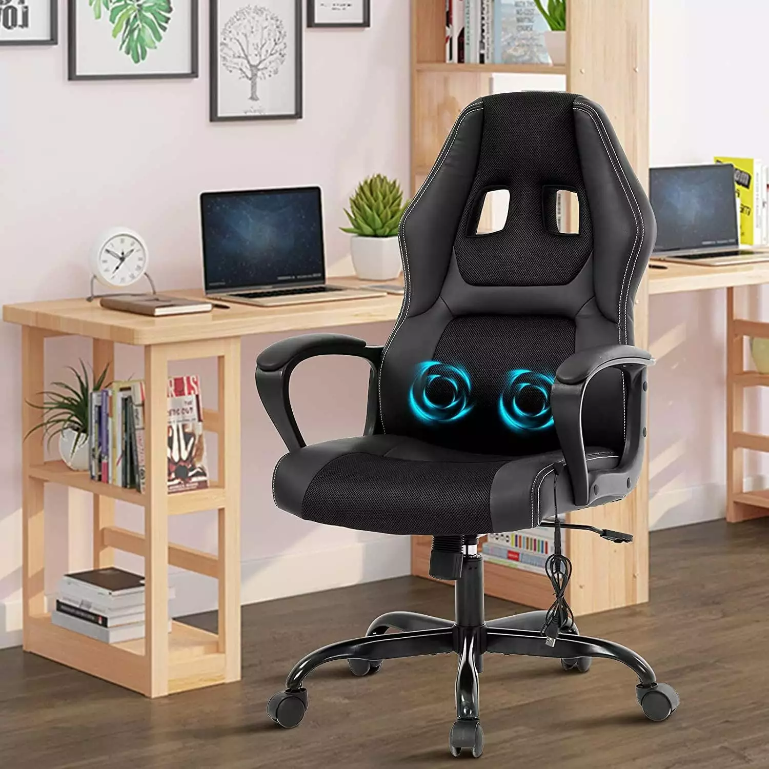 Black PC Gaming Chair Massage Function Ergonomic Office Chair Lumbar Support High Back Task Chair Bilot