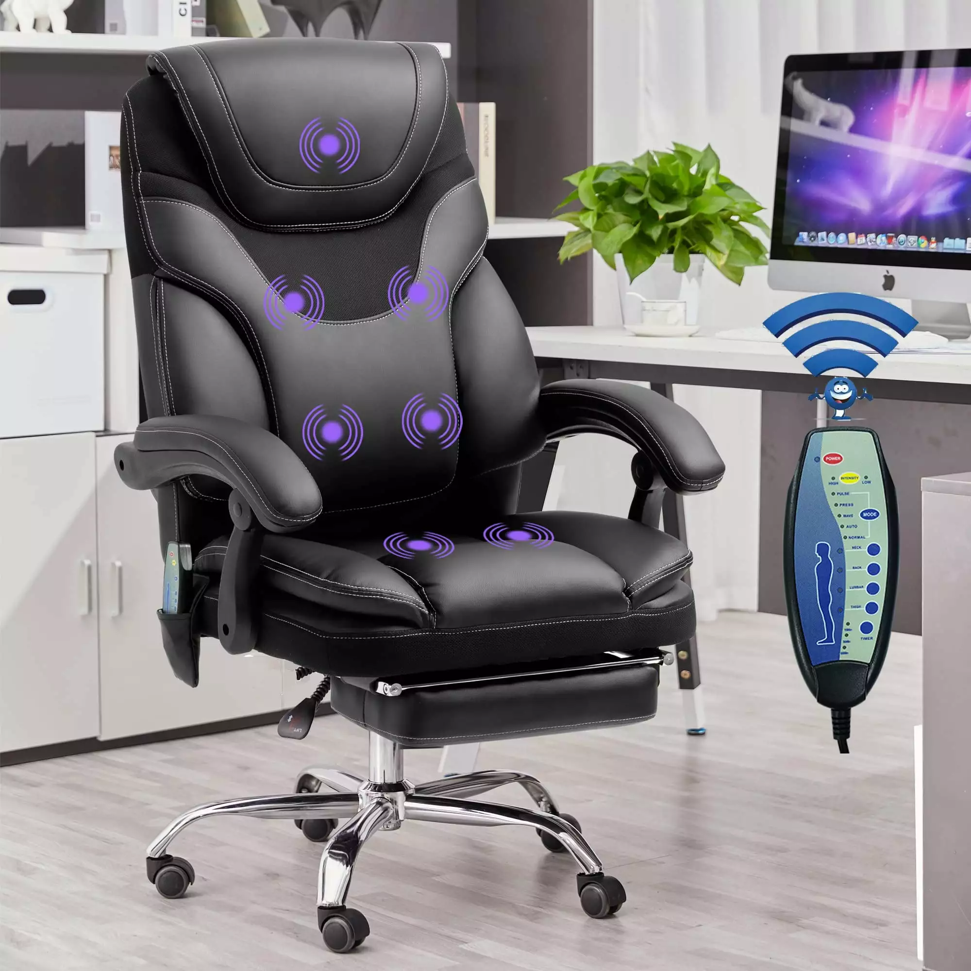 FULLWATT Gaming Chair Fabric Footrest Computer Gamer Chair Massage Lumbar Support Reclining Black Grey Bonrcea