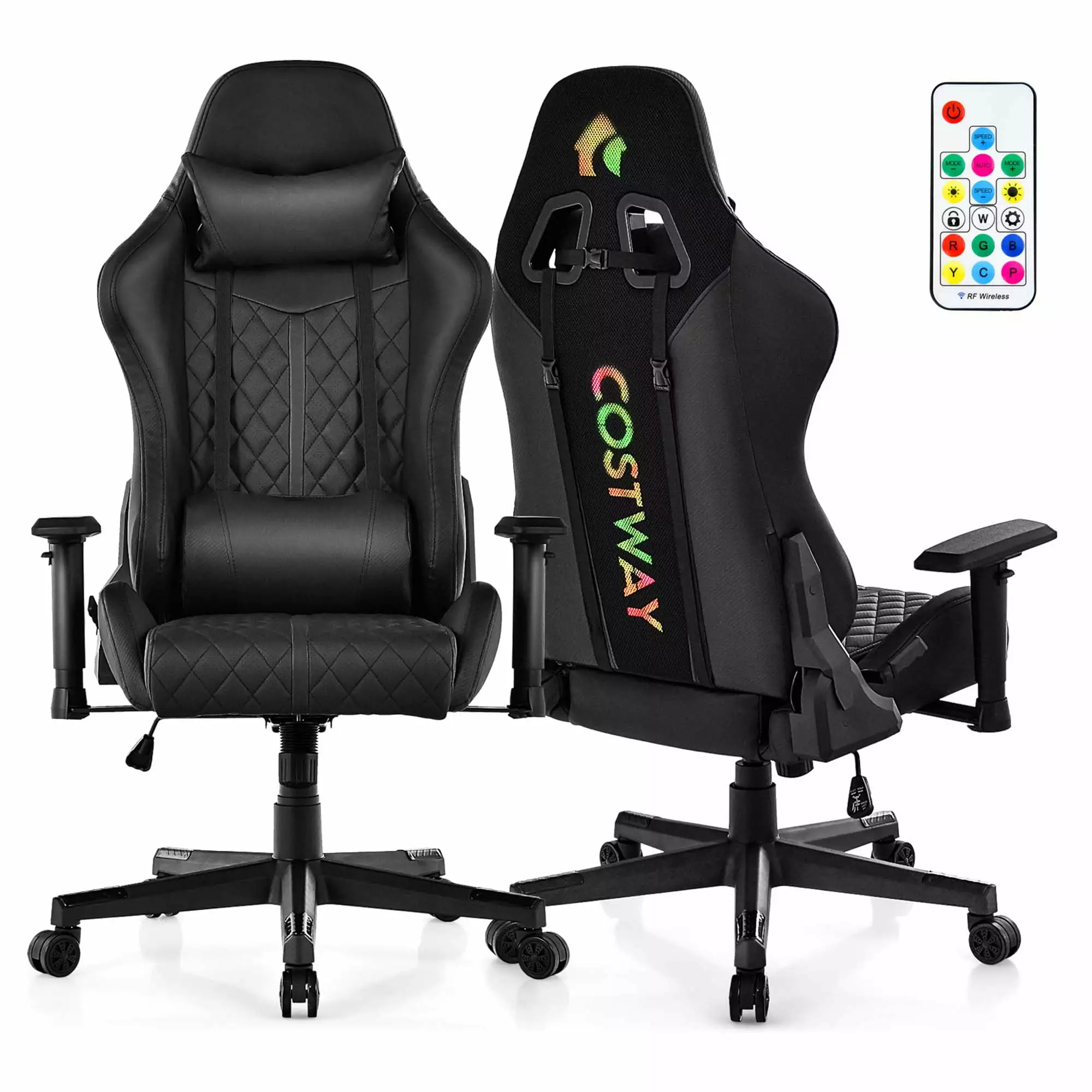 Costway Gaming Chair RGB LED Lights Racing Game Chair Meta Base and Class-4 Gas Lift