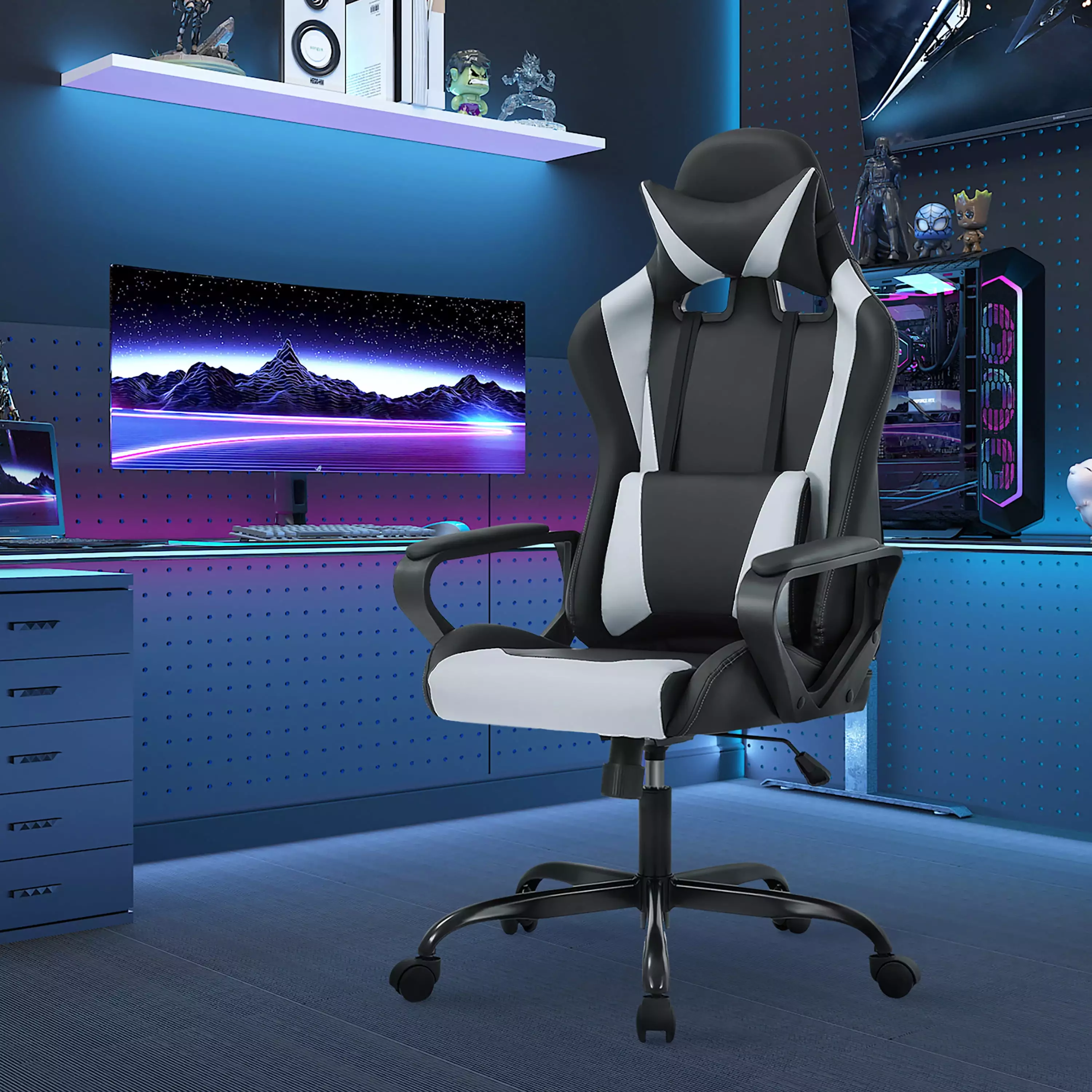 Dax Ergonomic Adjustable Height Faux Leather Black and White Gaming Chair Lumbar Pillow