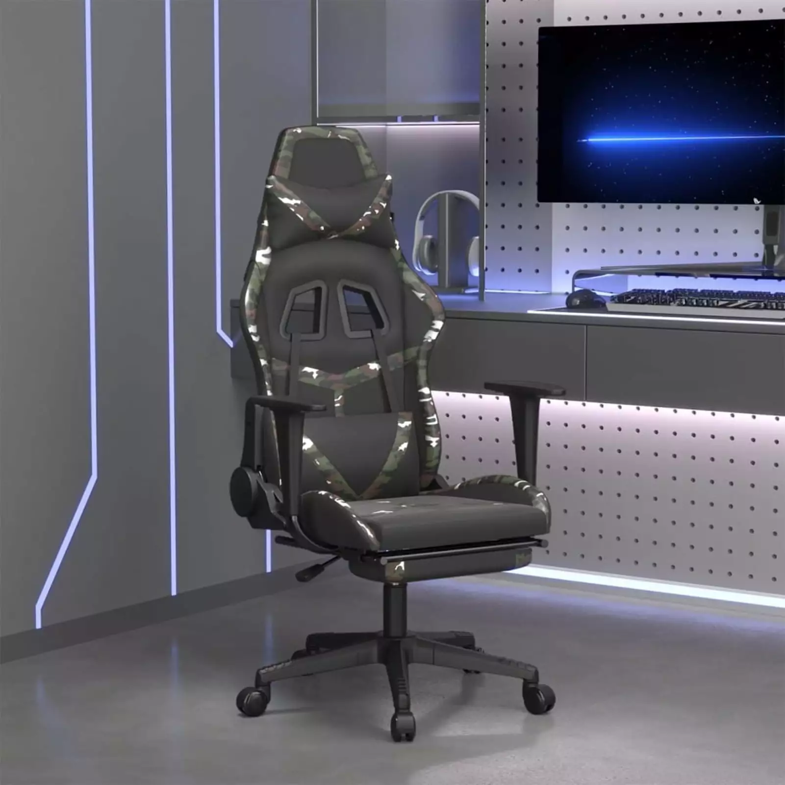 Dcenta Gaming Chair Footrest and Armrest Faux Leather Adjustable Backrest Computer Desk Chair