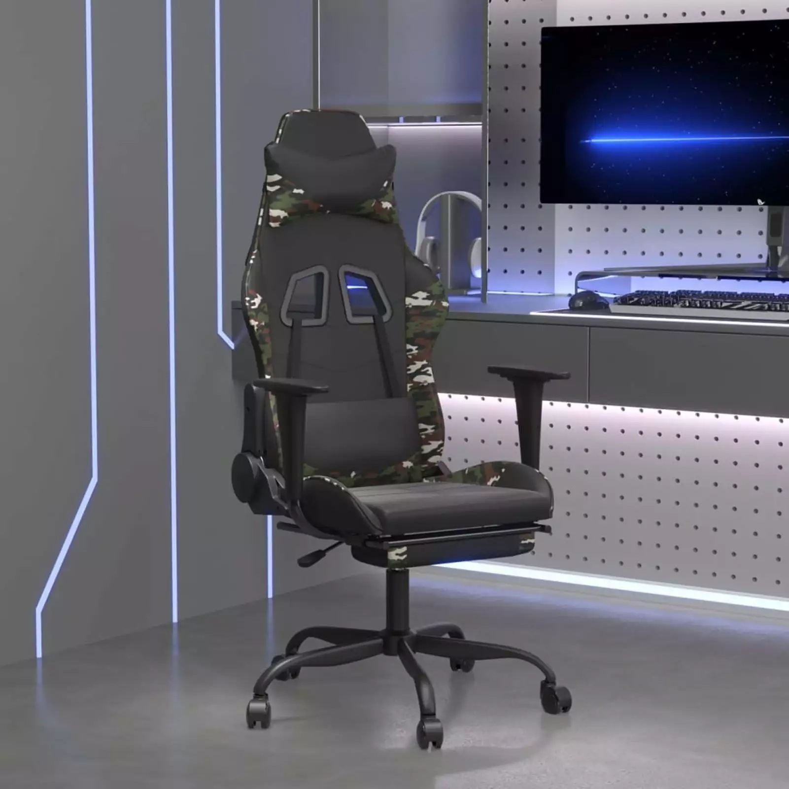 Dcenta Massage Gaming Chair Footrest and Armrest Faux Leather Adjustable Backrest Computer Desk Chair 360 Degree Swivel