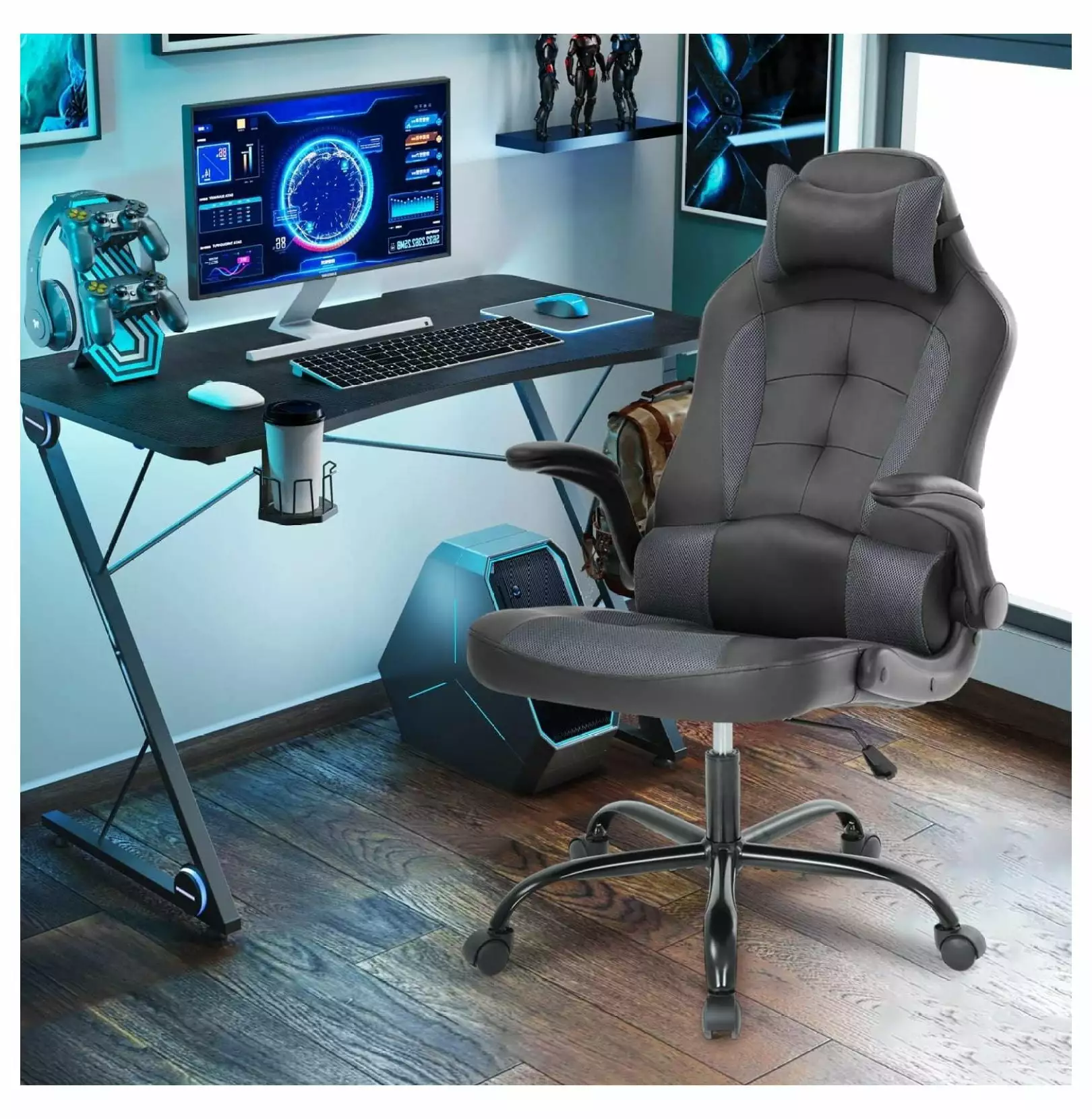 PC Gaming Chair Ergonomic Computer Chair Adjustable Office Chair Lumbar Support and Headrest Grey Ditangy