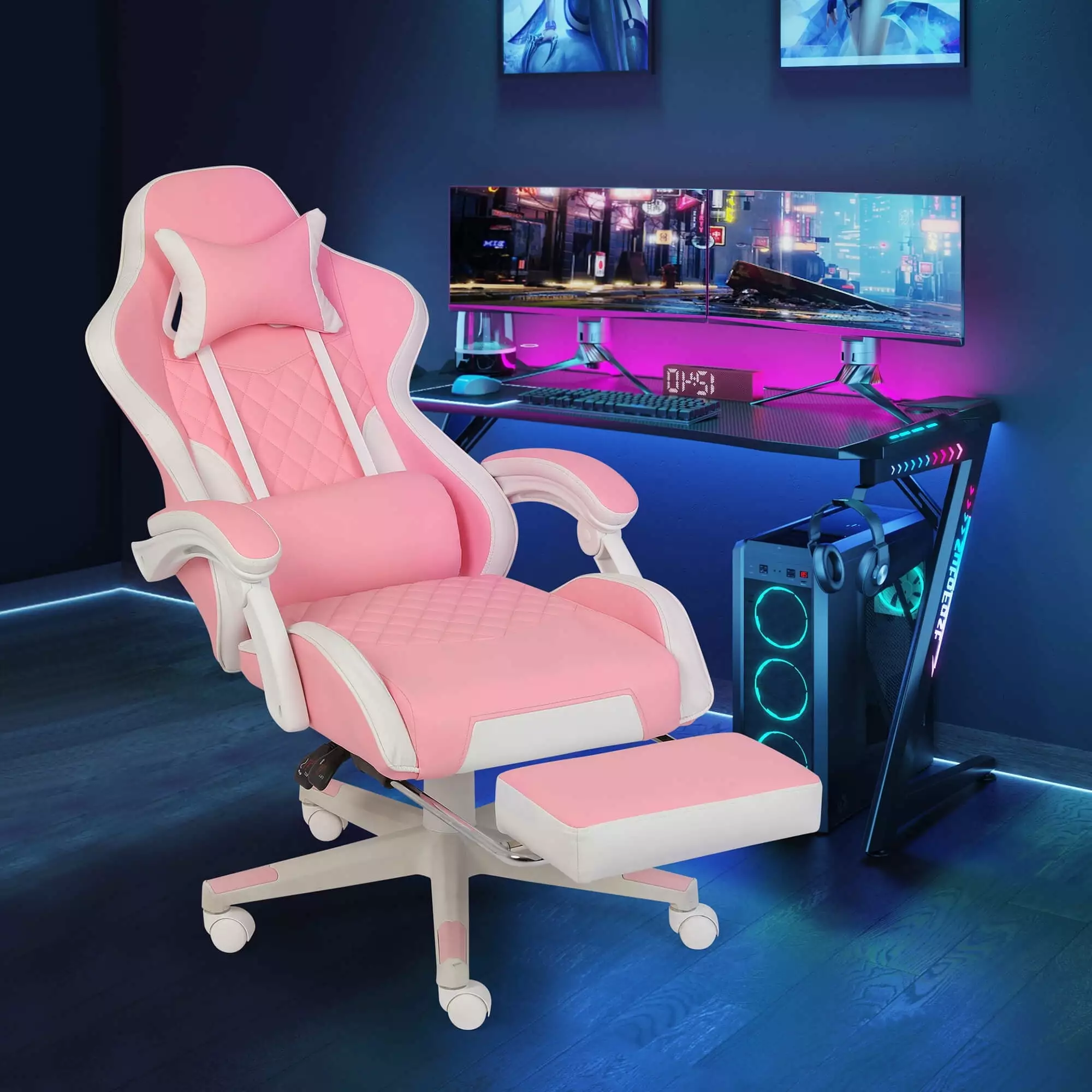 FAMOYI Gaming Chairs Footrest Leather Adjustable Swivel Reclining Headrest and Lumbar Support