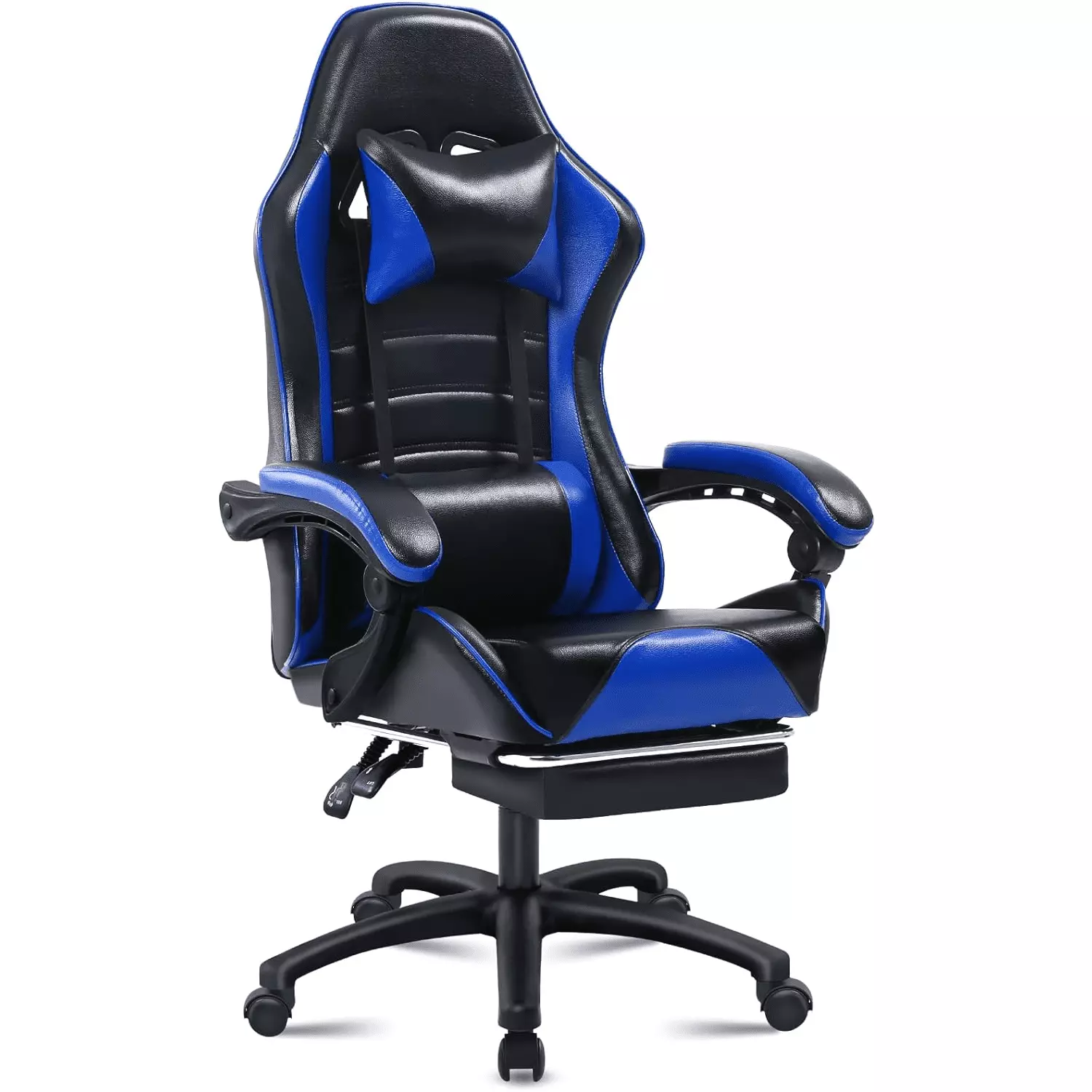 Blue Ergonomic Gaming Chair Footstool and Lumbar Support - PU Leather Office Lounge Chair Fencia