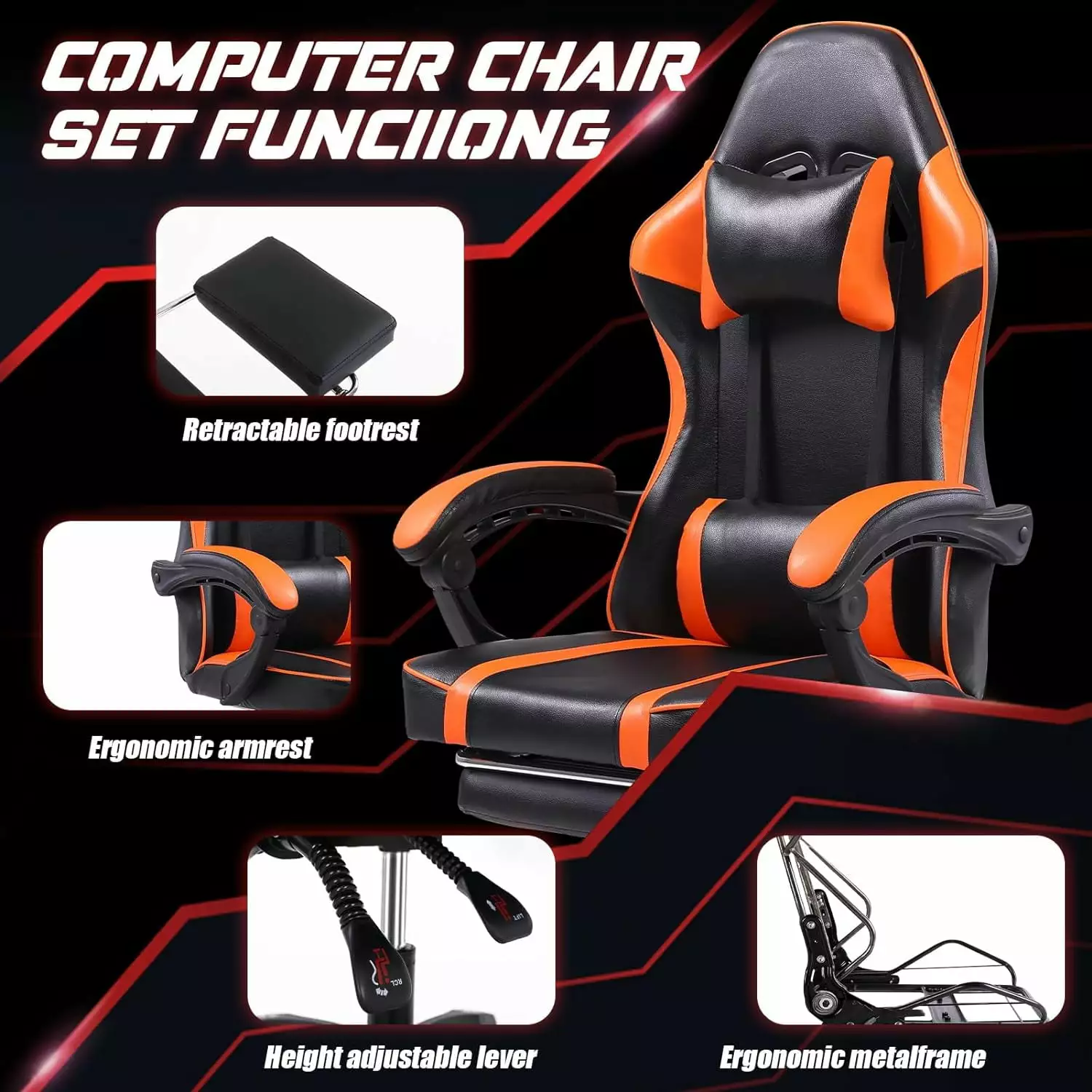 Ergonomic Gaming Chair Footrest and Lumbar Support - PU Leather Reclining Gamer Chair Adults Heavy People Fencia
