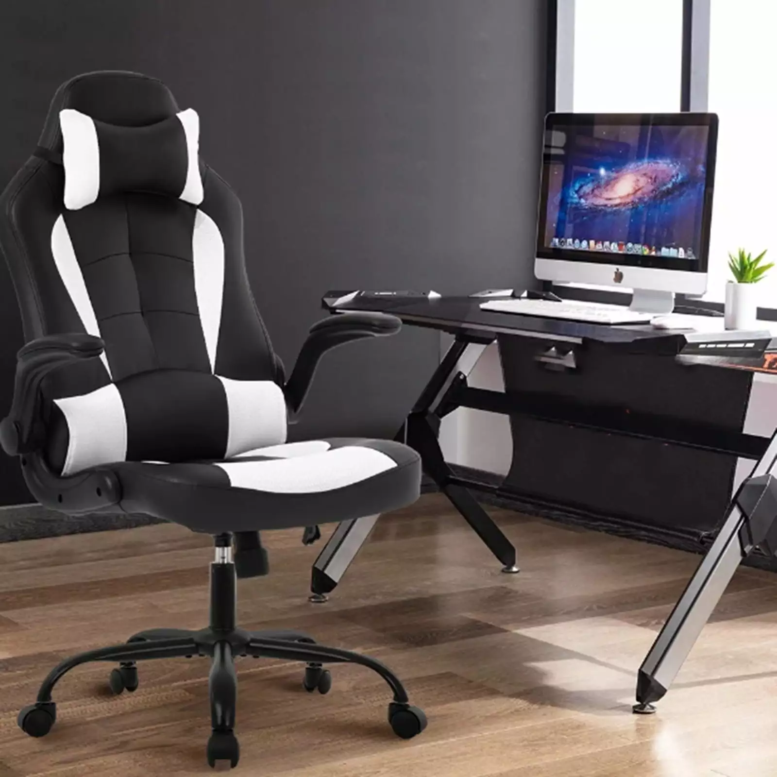 FHWM-C PC Gaming Chair Ergonomic Office Desk Chair Lumbar Support Flip Up Arms Headrest PU Leather White