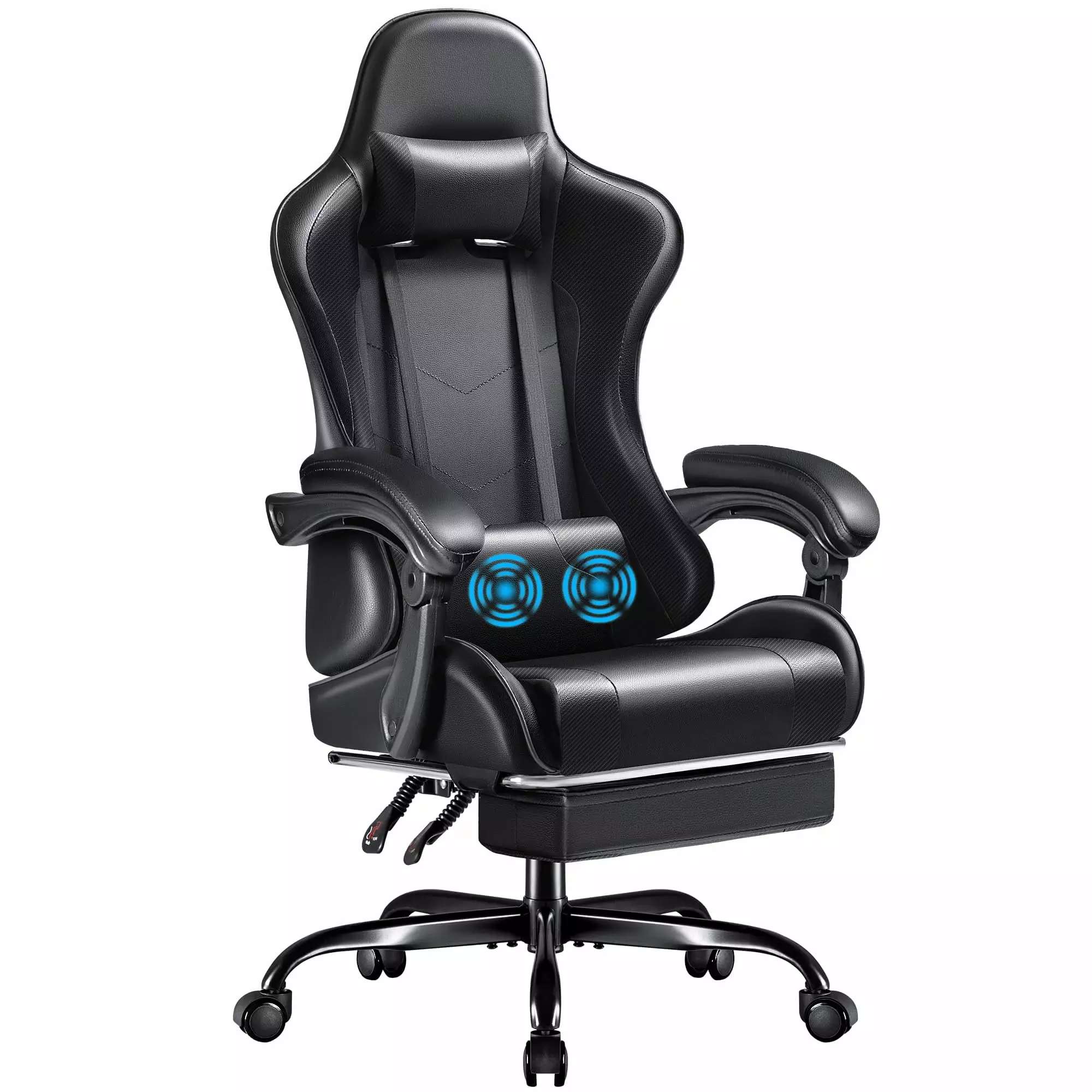 Deluxe Black Racing Style Gaming Chair Massage Footstool Adjustable Height and 360 Degree Swivel FHWMXJH