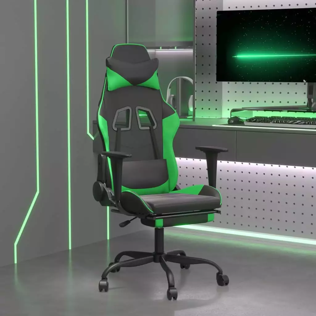 Ergonomic Massage Gaming Chair Footrest Black Green Faux Leather Perfect Gamers Long Hours Comfort funchic