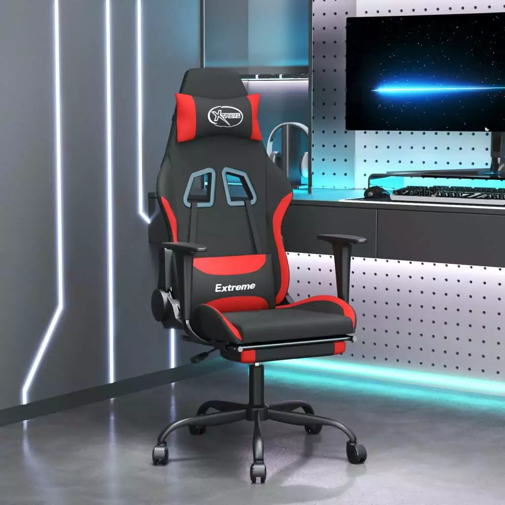 Ergonomic Massage Gaming Chair Footrest Black Red Fabric Gamers and Home Office funchic