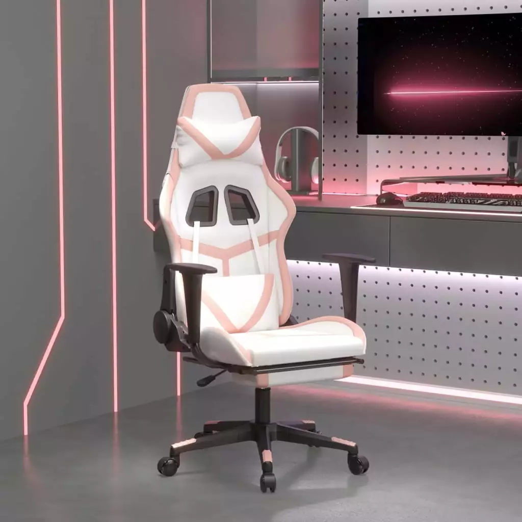 Ergonomic Massage Gaming Chair Footrest White Pink Faux Leather Gamers and Home Office Use funchic