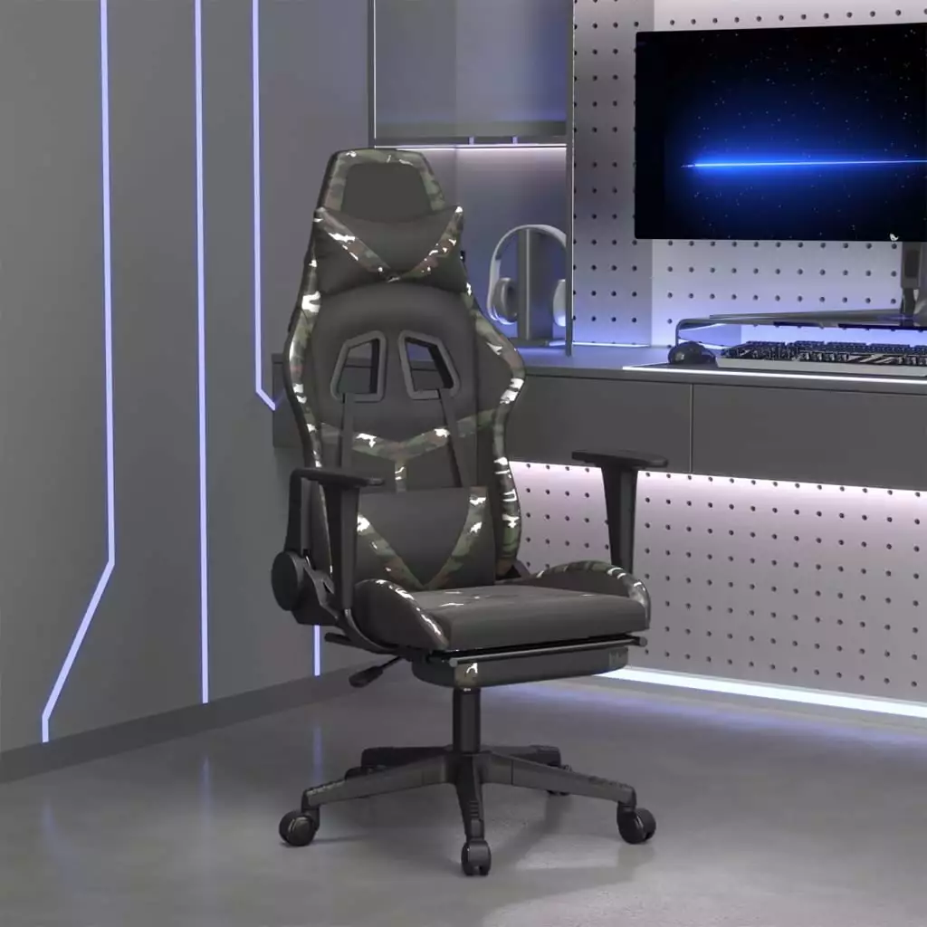 Massage Gaming Chair Footrest Black Camouflage Faux Leather Ergonomic Adjustable Lumbar Support Reclining Gamers and Offic...