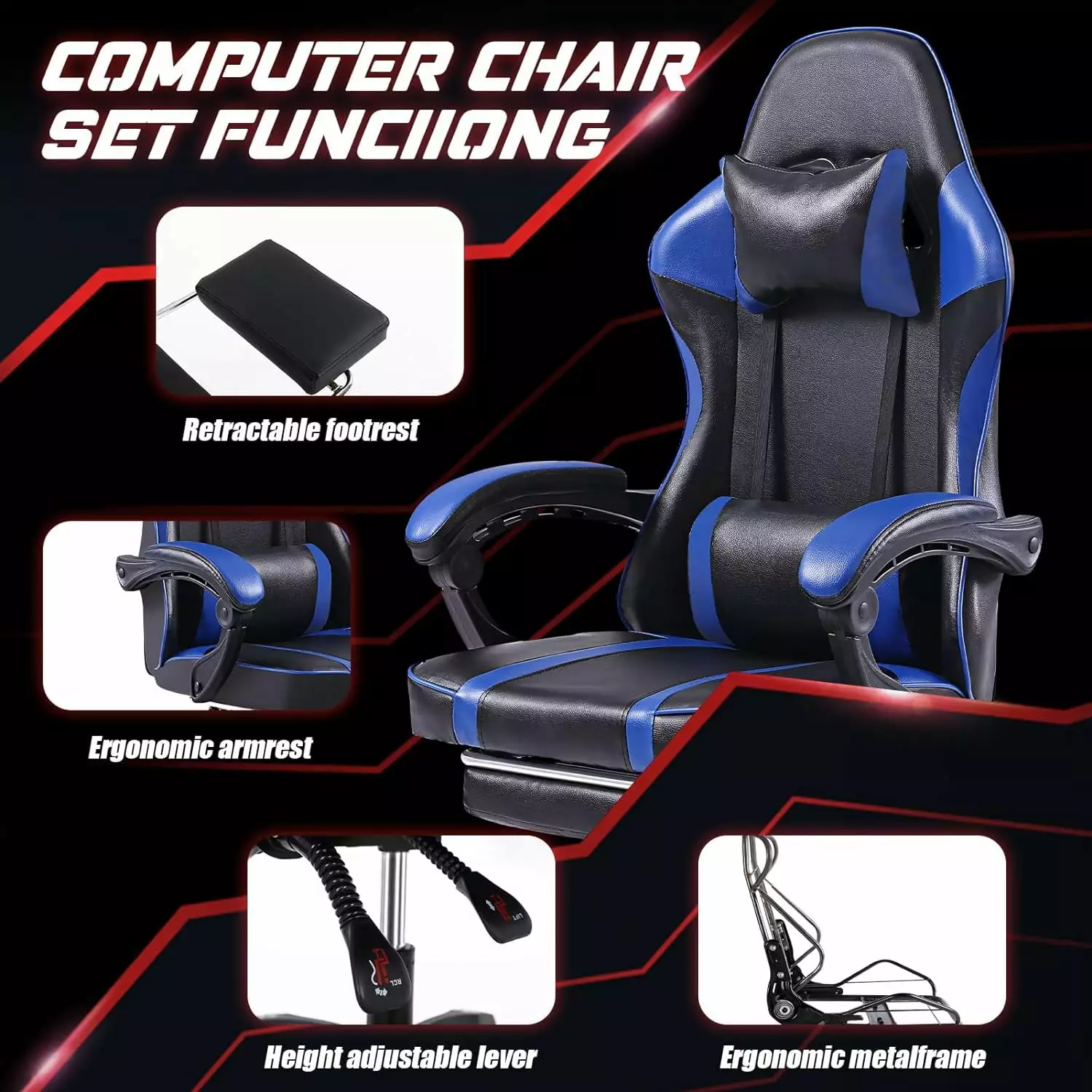 Ergonomic Gaming Chair Footrest PU Leather Reclining Office Chair Lumbar Support Heavy People Funwill